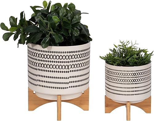 Sagebrook Home Macetas modernas de cerámica con soportes, juego de 2, macetas decorativas de cerámica con base de madera de bambú para el hogar y el disponible en Yaxa Colombia