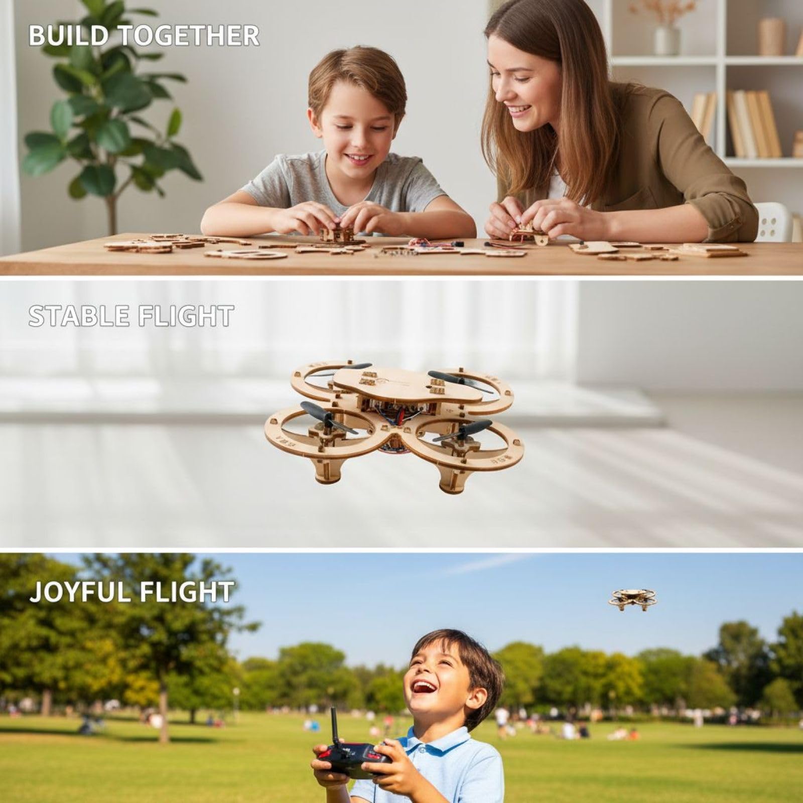 Drewniany zestaw Quadcopter DIY, lekki quadcopter RC o prostej konstrukcji, stabilny lot o stałej wysokości, edukacyjny model budynku do projektów naukowych STEM, interaktywna zabawa