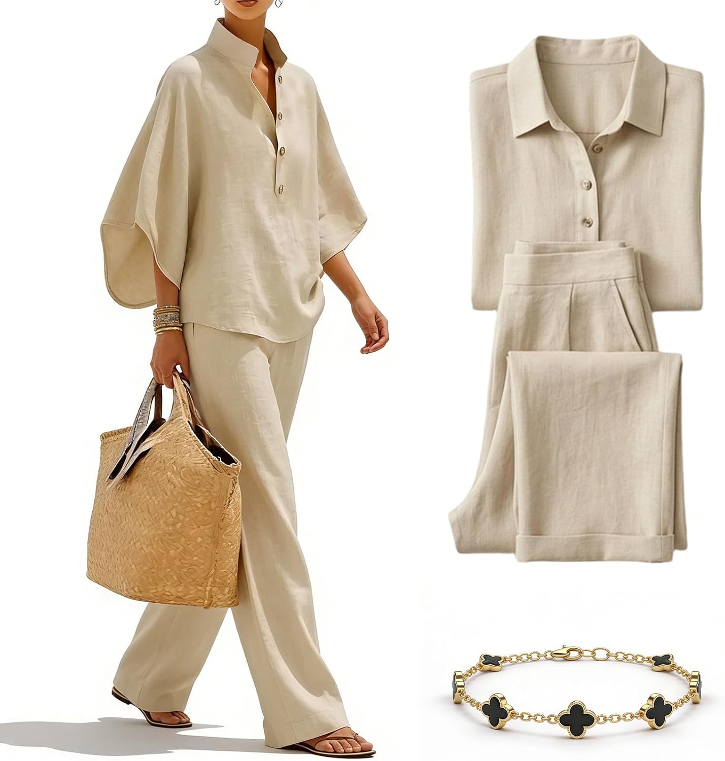Women’s Linen Sets 2 Piece Outfits Summer Batwing Sleeve Shirt Wide Leg Pants Set Casual Vacation Outfits (Khaki,2XL) Women’s Linen Sets 2 Piece Outfits Summer Batwing Sleeve Shirt Wide Leg Pants Set Casual Vacation Outfits (Khaki,2XL)