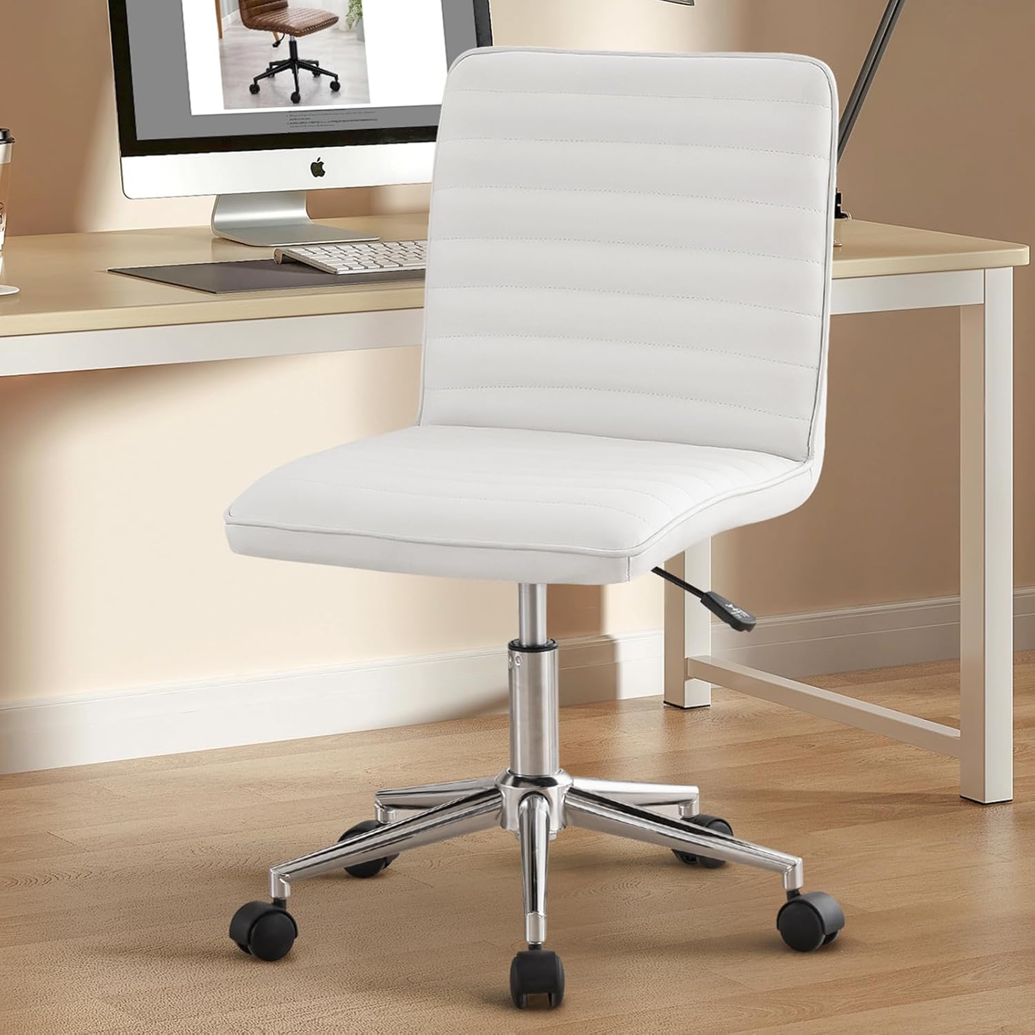 Furnimart Faux Leather Mid-Back Armless Office Desk Adjustable Task Chair Home Office Chair Small Swivel Chair Dorm Chair with Smooth Casters (PU White) - Image 4