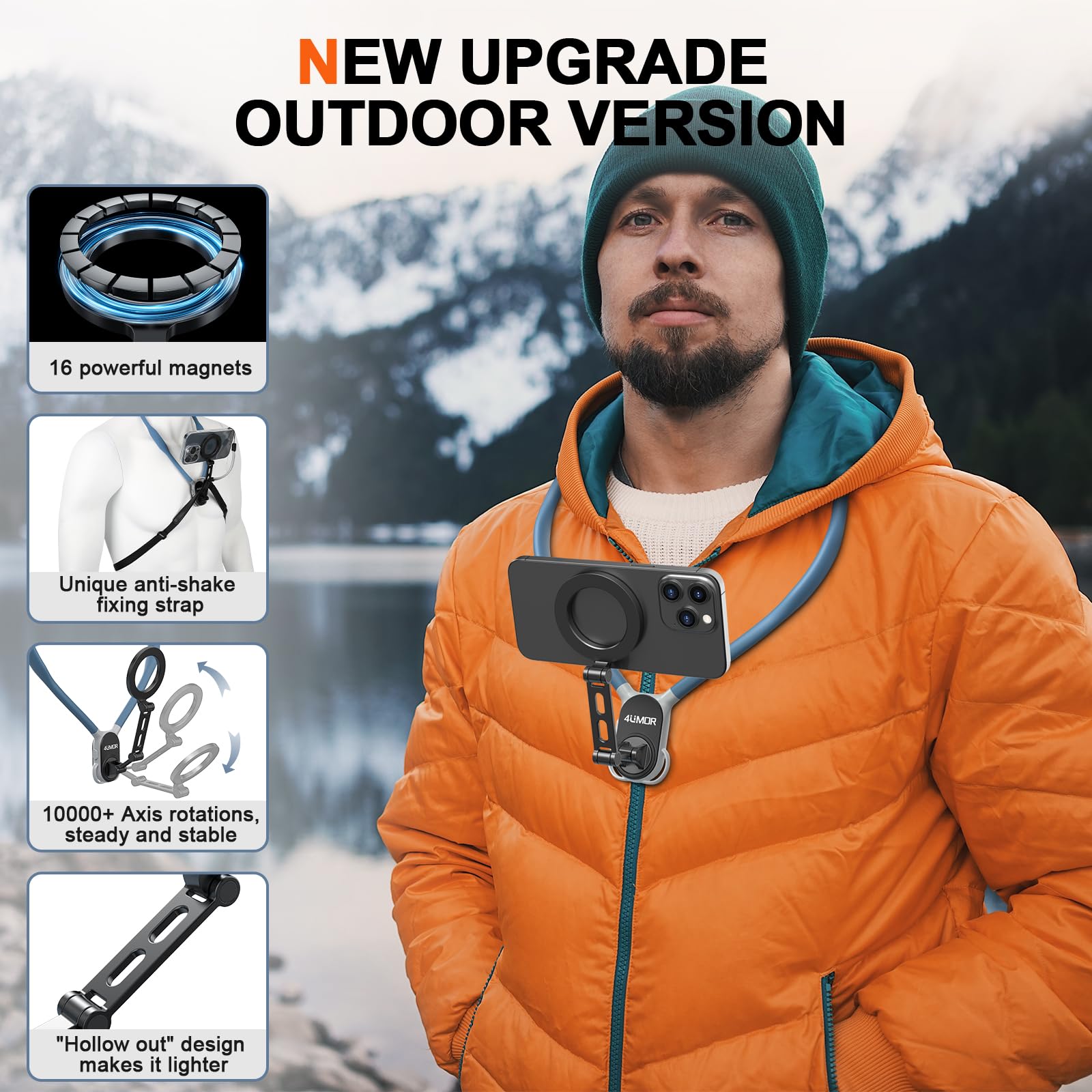 4UMOR Soporte Magnético de Cuello para Teléfono Compatible con iPhone y Android Collarín Telefónico Soporte Antivibración Libre Manos Ideal para POV/Vlog, Viajes, Transmisiones en Vivo y Deportivas