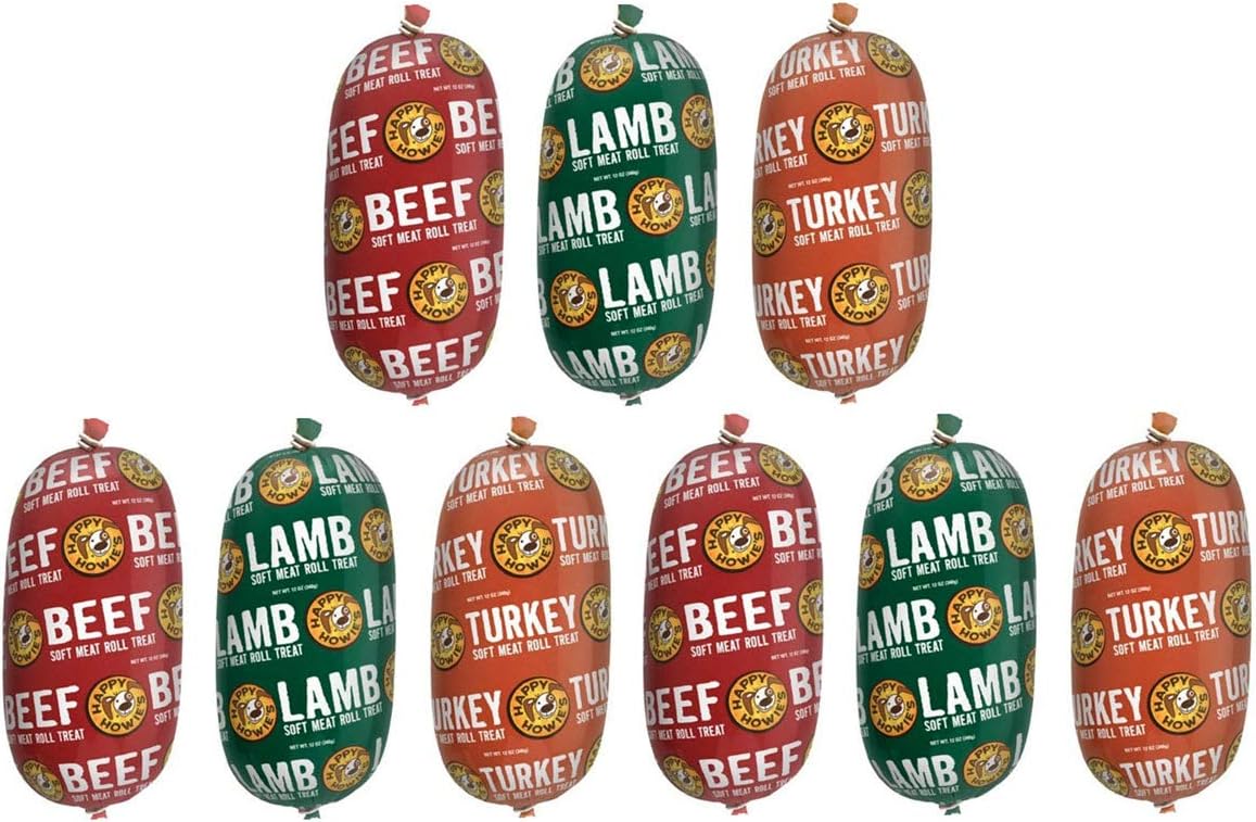 HAPPY HOWIE Natural Gourmet Meat Rolls Bundle Packs (Beef-Turkey-Lamb) (12oz - 9pk)