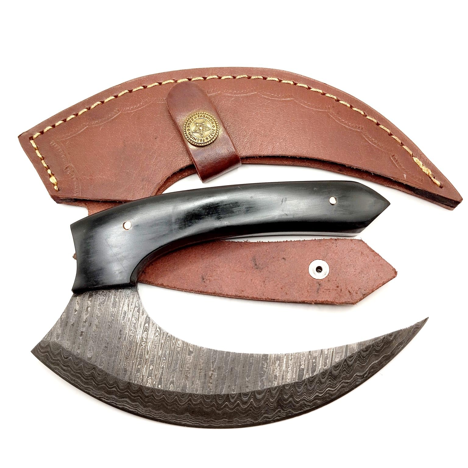 Damascus Steel Ulu Knife With Sheath, 6