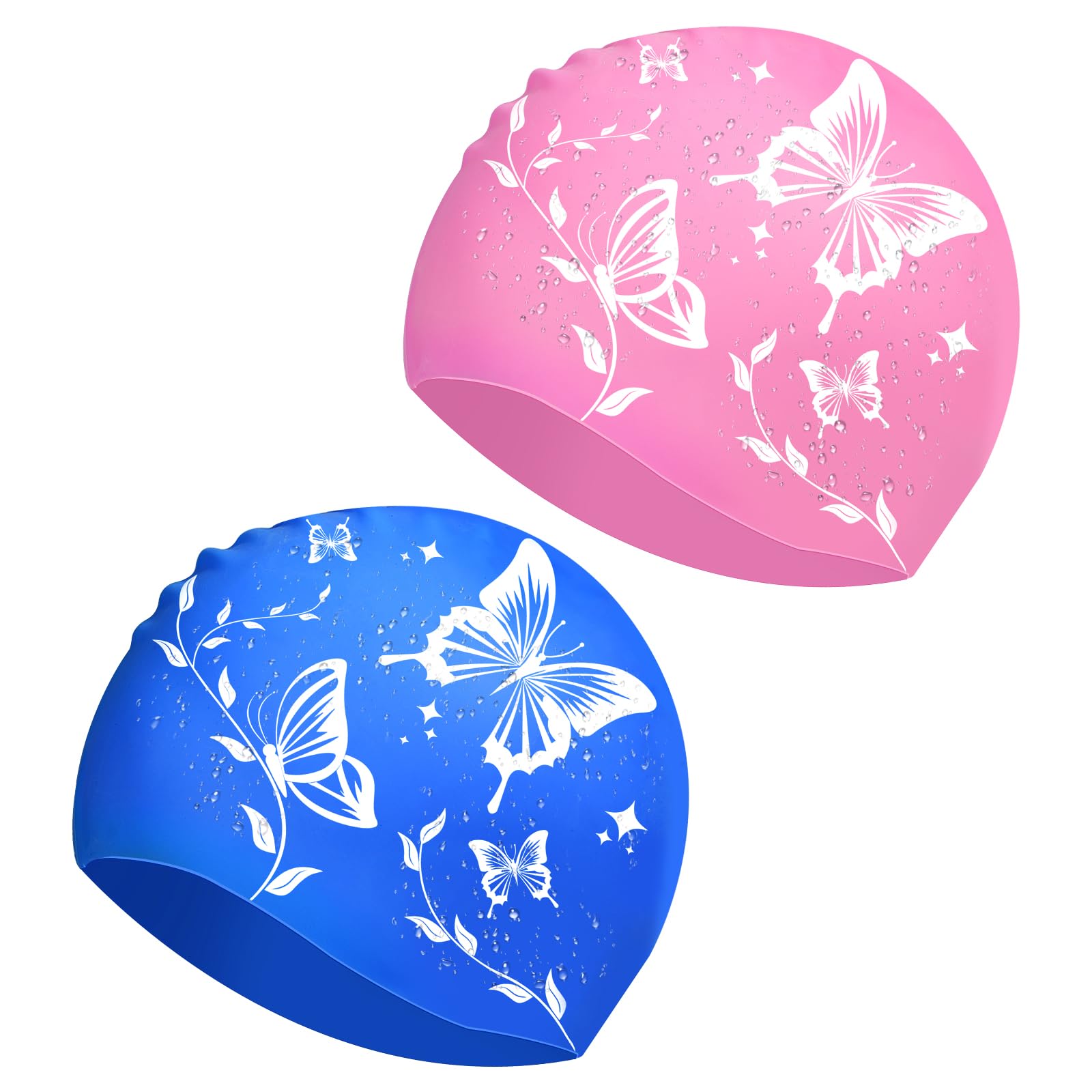 2 Pack Silicone Swimming Cap for Women, Soft Elastic Anti-Slip Swim Hat, 3D Ergonomic Design Waterproof Swim Cap for Long Hair Adults Kids
