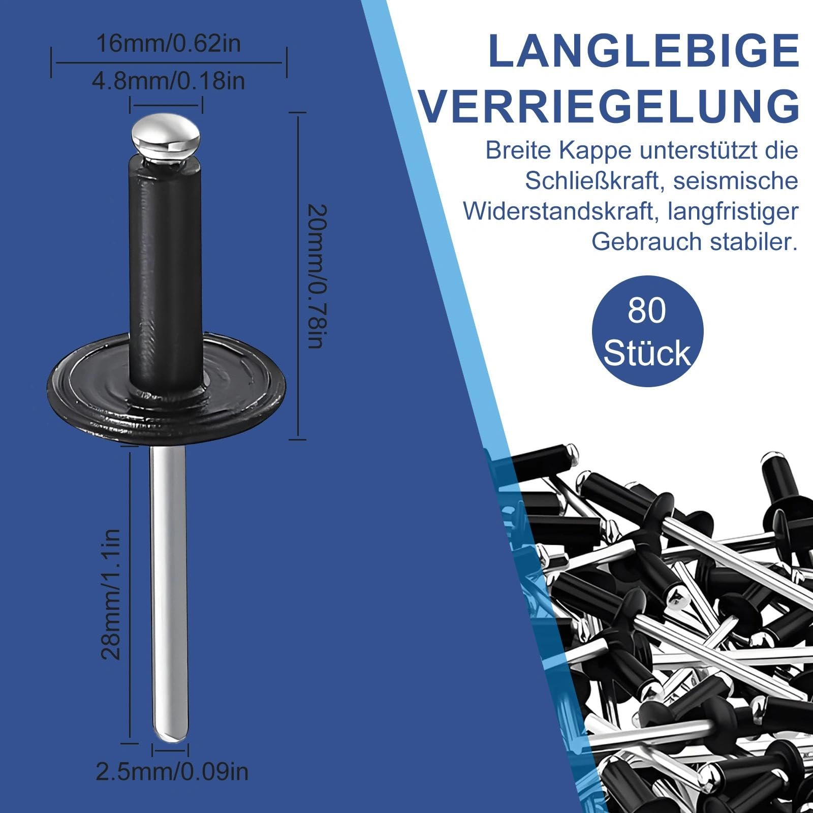 Juego de 80 remaches ciegos de aluminio, 4,8 x 20 mm, con brida grande, remaches negros, remaches ciegos para conexiones de alta resistencia en construcción, coche y muebles