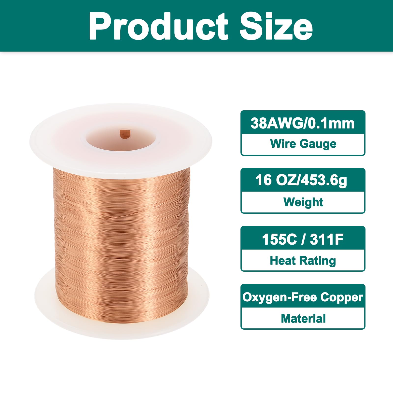 QUARKZMAN Hilo Magnético Calibre 38 AWG, Bobina de Cobre Esmaltado 16 Oz para Transformador, Grado F 311°F