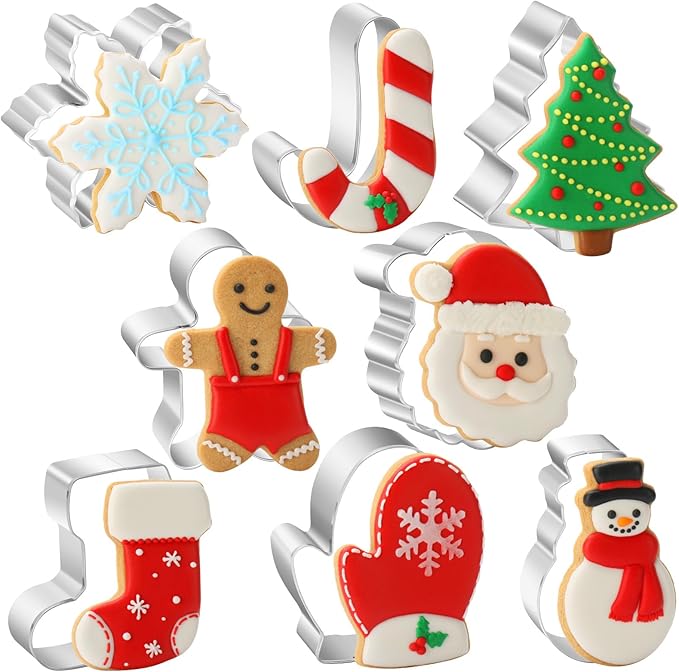 8PCS Large Christmas Cookie Cutters Set, Holiday Cookie Cutters Shape Gingerbread Men, Christmas Tree, Snowflake, Candy Cane, Santa Face Snow Man Stocking, Mitten for Winter Baking