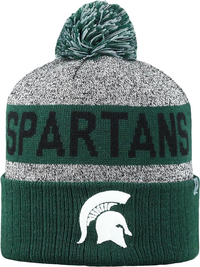 Collegiate Cuffed Knit Beanie Hats, Cuffed Knit Winter Beanies Available (Winter Pom Beanie, Michigan State Grey)