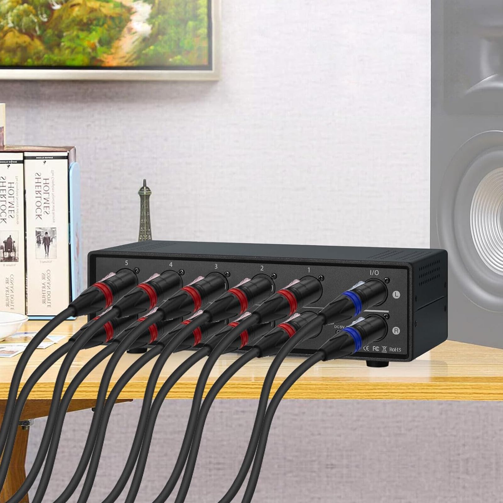 Switch bilanciato XLR a 5 Porte, convertitore Audio bilanciato 5 ingressi e 1 Uscita con Telecomando e Porta XLR placcata in Oro, per confrontare Rapidamente Diverse sorgenti Audio, per studi