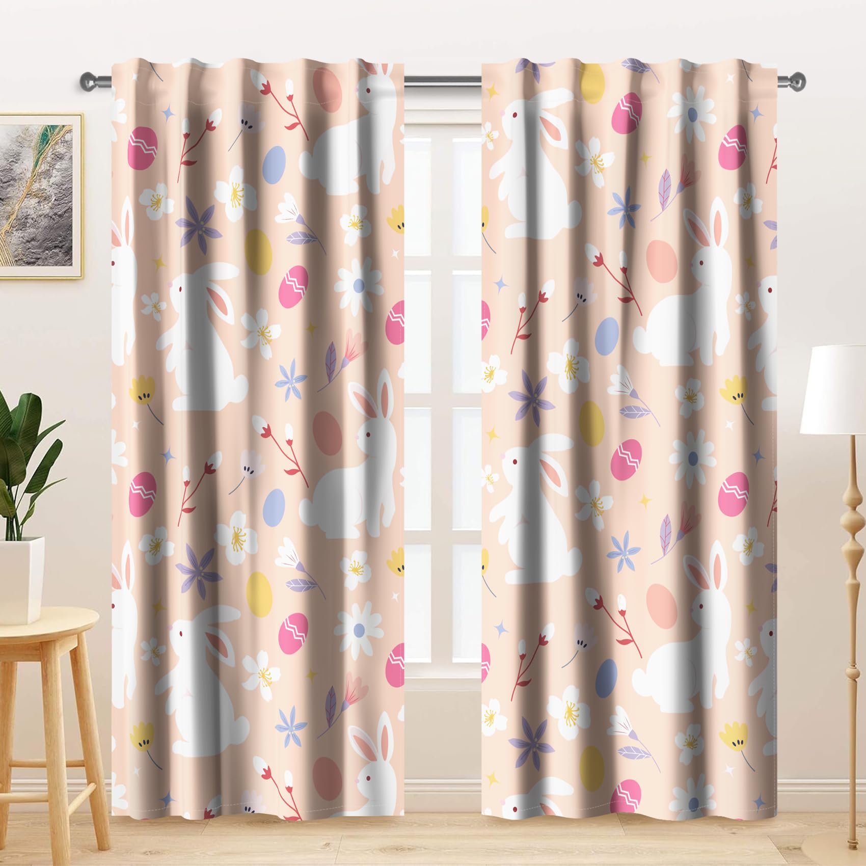 Kzzfqxb 107x215cm Kids Curtains 2 Panels, Ochre Pink Flowers Floral Bloom Bud White Rabbits Drapes for Children Girls Bedroom Nursery Living Room Window treatment โ image 1
