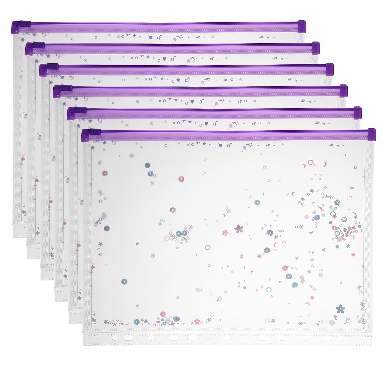 PATIKIL 6Pcs A4 Plastic Binder Zipper, Binder Pockets 12 x 9 Clear Envelope Folders Planner Waterproof Pouch Filing with Sequin Decor for Document Notebook Card Organizer, Purple