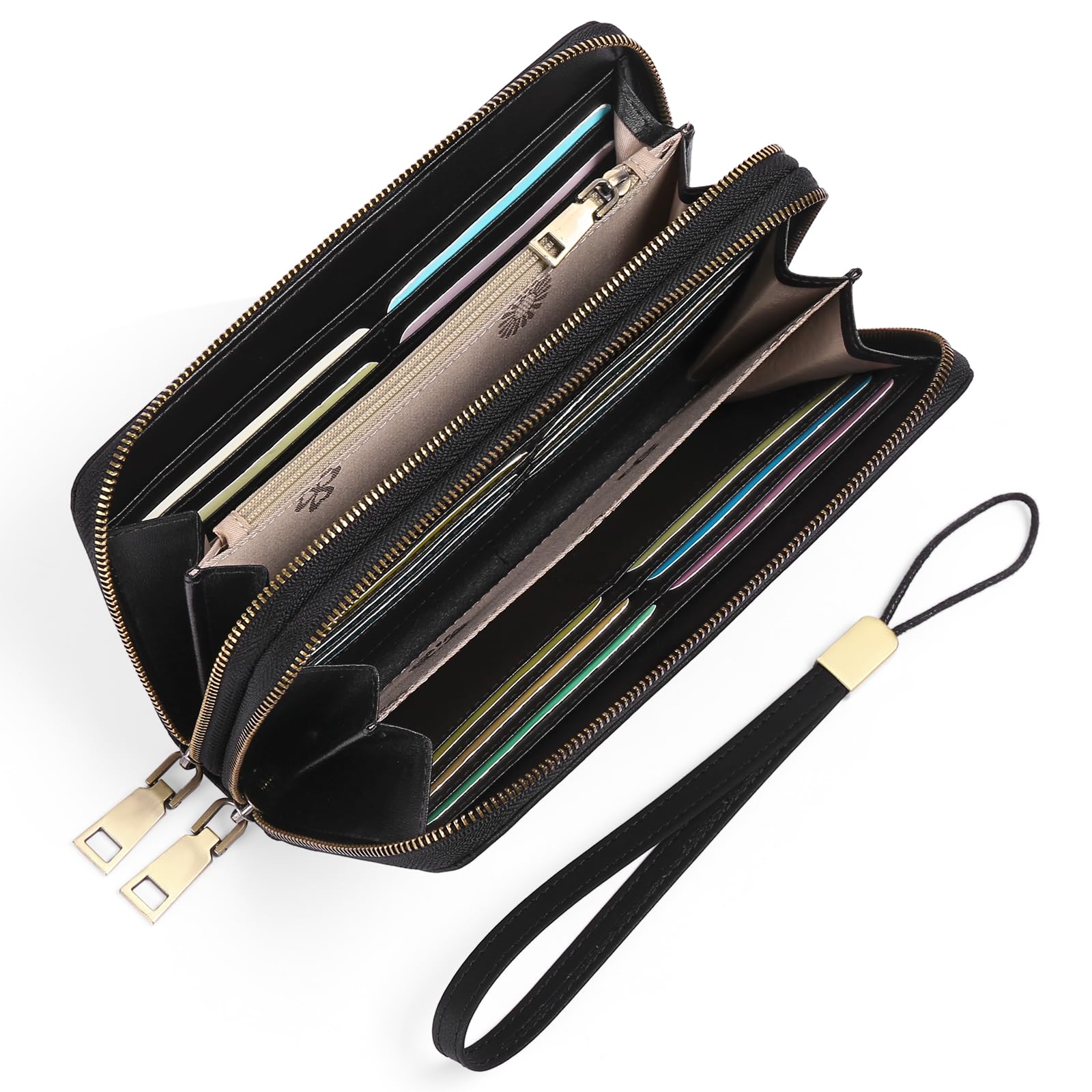 GAEKEAO Portefeuille Femme Grand, Porte Feuille Feminin Cuir Végétalien Double Fermeture à Glissière, RFID Porte chequier, avec Multiples Poches Portefeuilles et Porte-Cartes Idee Cadeau Femmes