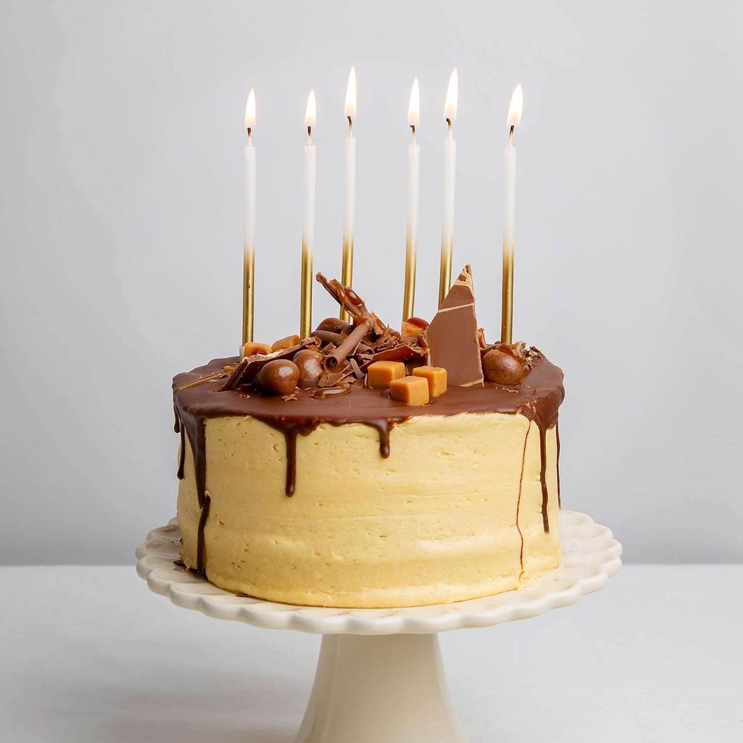 Talking Tables 16 x White and Gold Tall Birthday Candles with Holders | Perfect for Wedding, Anniversary, NYE Cake Decor | Ombre Design | 4 Inch Birthday Cake Decorations