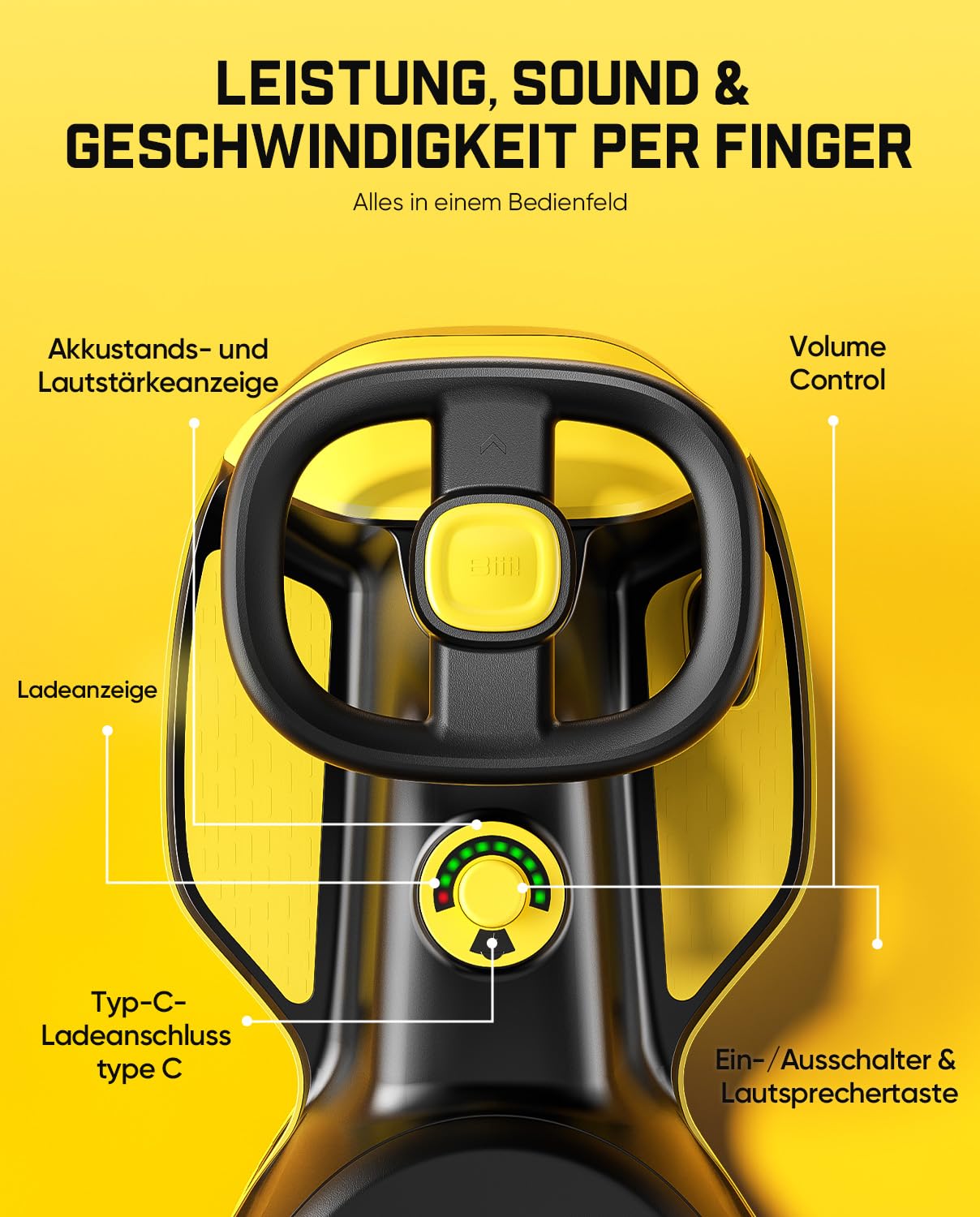 FanttikRide N10 Classic Elektroauto für Kinder ab 3 Jahren, Gelb | Kinderauto elektrisch mit Pedal & USB-C-Akku, Ein-Klick-Wischmopp, GlideWiz, Kippschutz, blinkende Räder, Bluetooth, bis 68kg