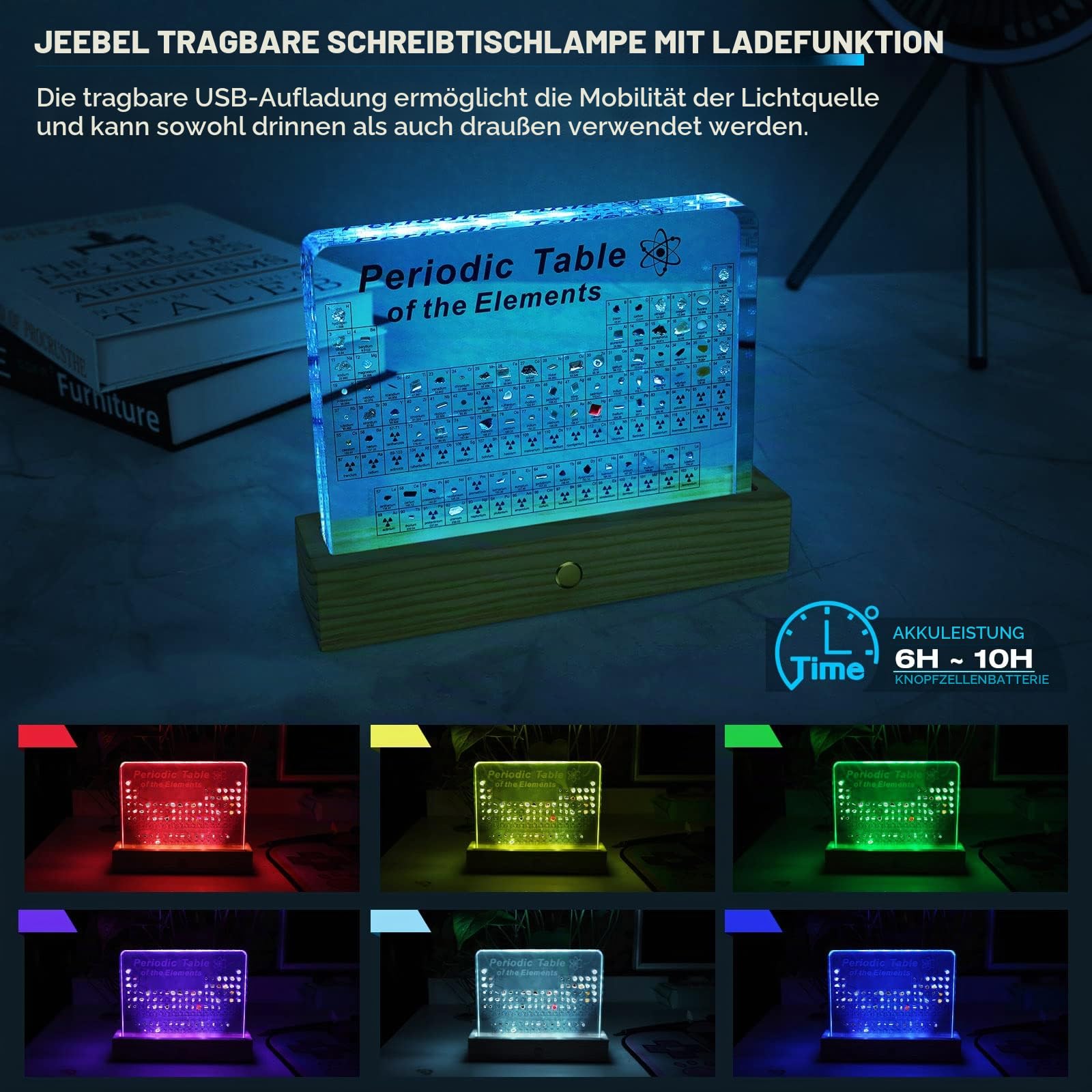 Jeebel Periodensystem der Echten Elementen, Periodensystem aus Acryl der LED Tischlampe mit 83 echten Elementproben, Periodic Table zum Lehrwerkzeug Basteln kreativ Geschenk für Schüler Lehrer Kinder