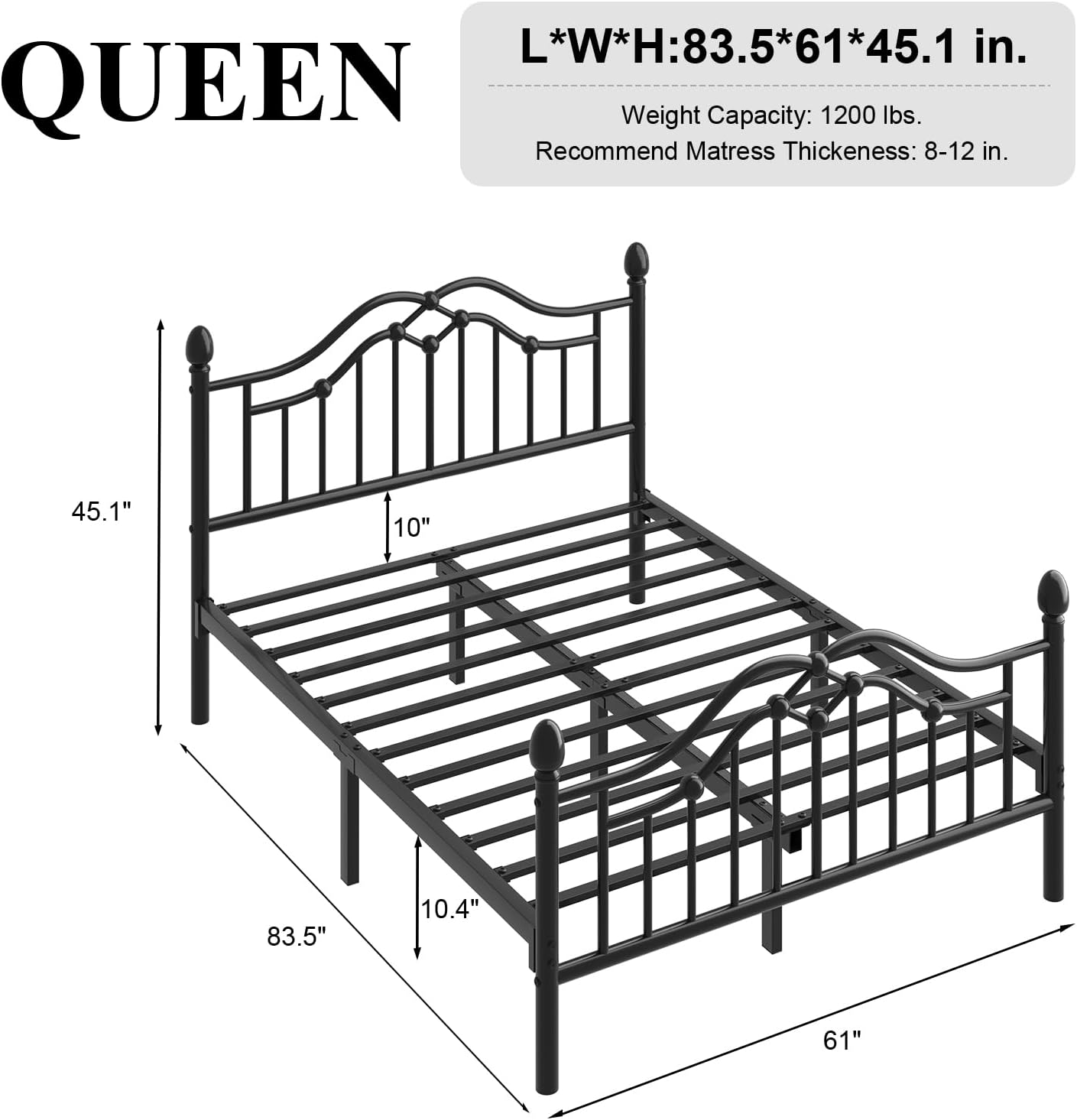 LoVinson Queen Metal Bed Frame with Headboard and Footboard, Modern Iron Platform Bed Frame Support Up to 1200LBS, Under Bed Storage, No Box Spring Needed, Easy Assembly, Black