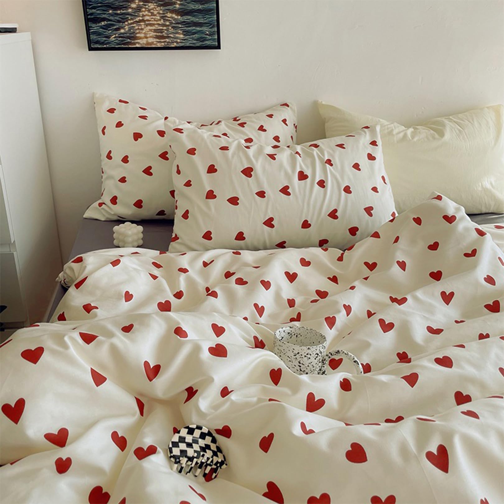 ALEjon "Juego de Funda nórdica Reversible con diseño de corazón - Rojo Vibrante, Cierre de Cremallera - Conjunto de Ropa de Cama de 4 Piezas con 2 Fundas de Almohada - Tamaño: 220x240