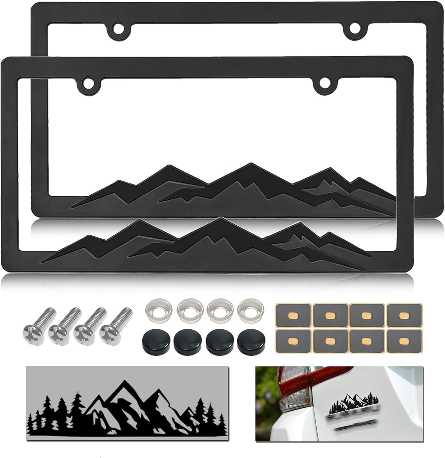 Mountain License Plate Frames - Plastic Car Tag Holders with Raised Mountain Design, Black on Black, 2 Pack 2 Hole with Screws & Caps, Mountain Vinyl Sticker Included