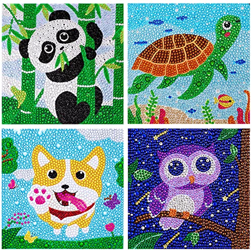 iRenXiao Lot de 4 Peinture Diamant 5D Complet, 15 x 15 cm Kit Cristal Strass Broderie Panda Tortue Akita Hibou Diamond Painting Enfant pour Décoration Maison Cover
