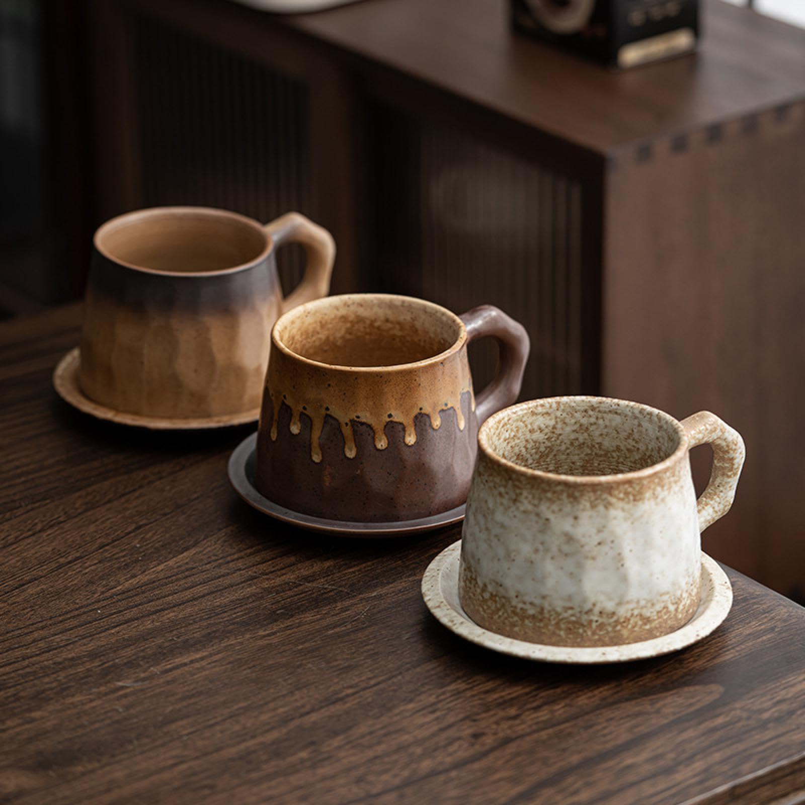 Juego de Taza y platillo de cerámica de 310 ml - Taza de té de cerámica rústica, Estilo Vintage, Textura de gres Hecha a Mano, diseño esmaltado único (Blanco Degradado)