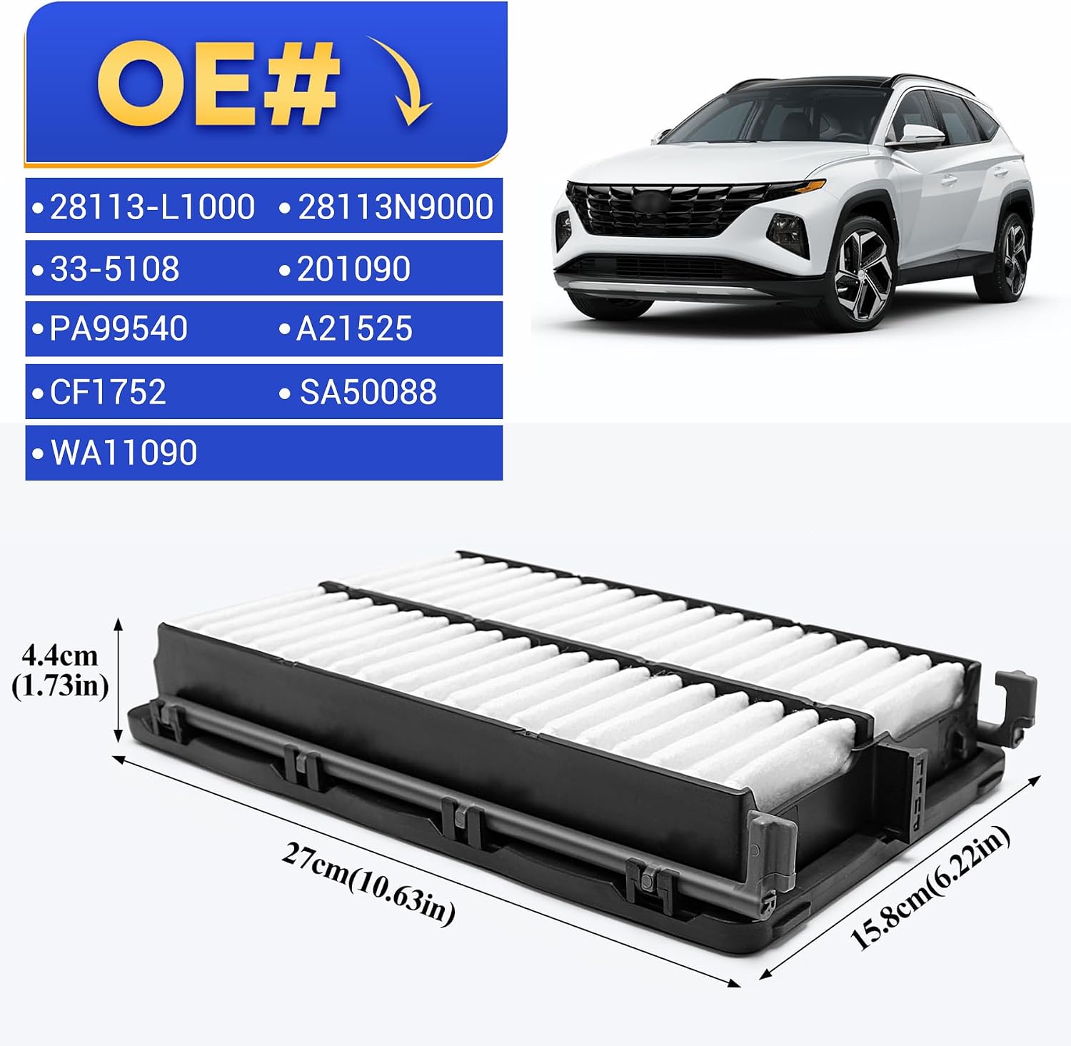 28113-L1000 Engine Air Filter for 2020-2025 Hyundai Tucson/Santa Fe/Sonata/Santa Cruz, 2021-2025 Kia Carnival/K5/Sorento/Sportage (Hybrid excluded) Replace# 28113N9000, PA99540, CF1752, WA11090