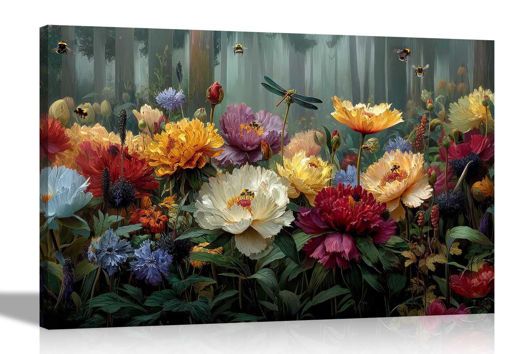 Artley Prints Misty Forest Colourful Flowers - Colourful Flowers Insects Misty Forest Canvas Prints Framed Wall Art Flower Pictures Home Conservatory Decoration 76 X 50Cm (30 X 20 Inches)