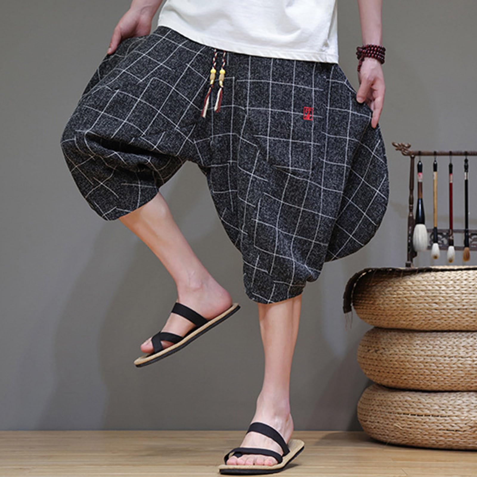 Pantaloni corti harem da uomo, baggy, corti, estivi, Goa, pantaloni hippie con tasche, vestibilità larga, pantaloni estivi leggeri, per il tempo libero, per le vacanze e la spiaggia