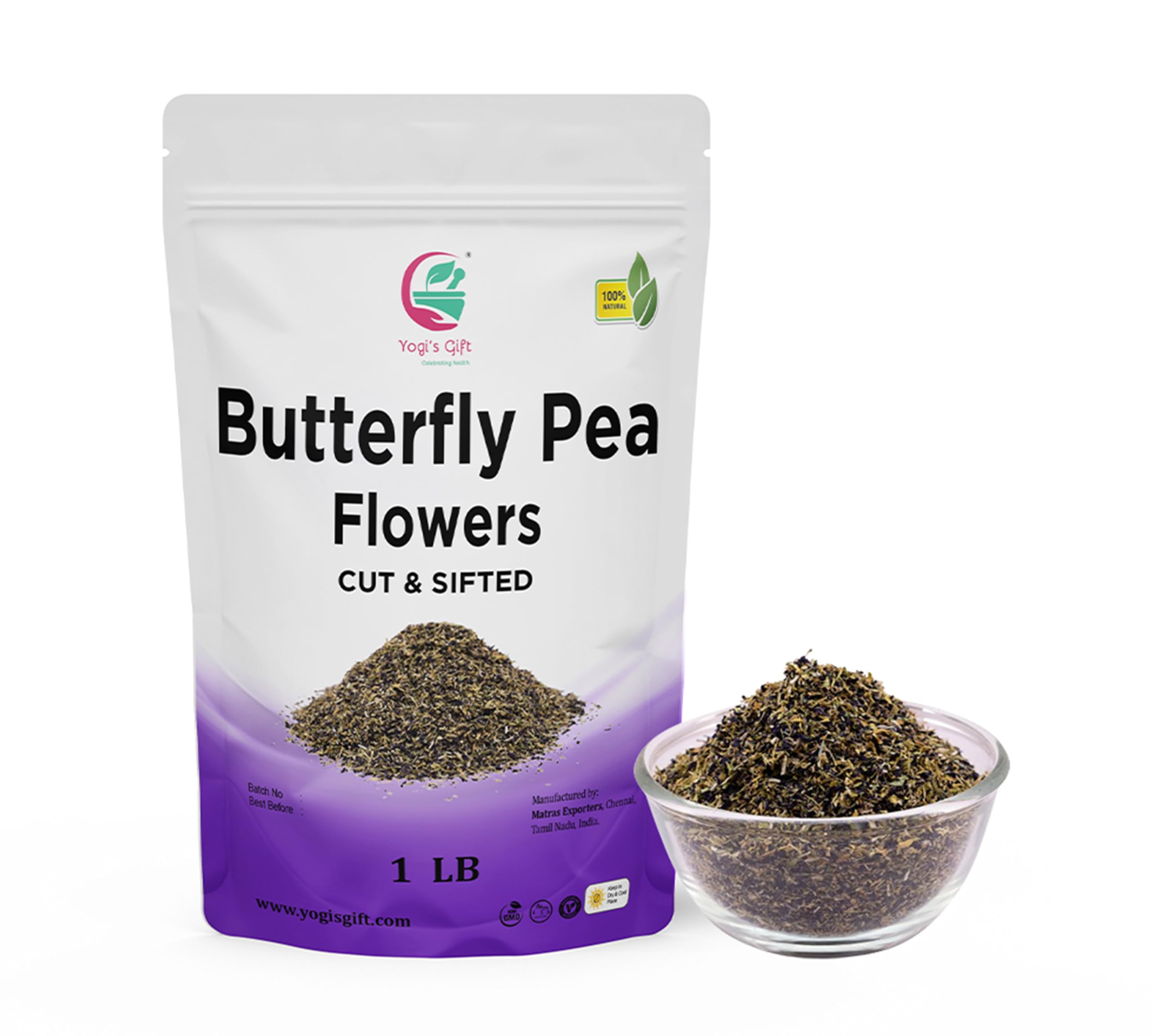 Butterfly Pea Flower Tea 1 LB (1000+ Cups) | Cut and Sifted | Makes Beautiful Blue Or Purple Food Coloring | Blue tea Butterfly Pea Flower | Non-Gmo, Ethically Sourced | By Yogi's Gift®