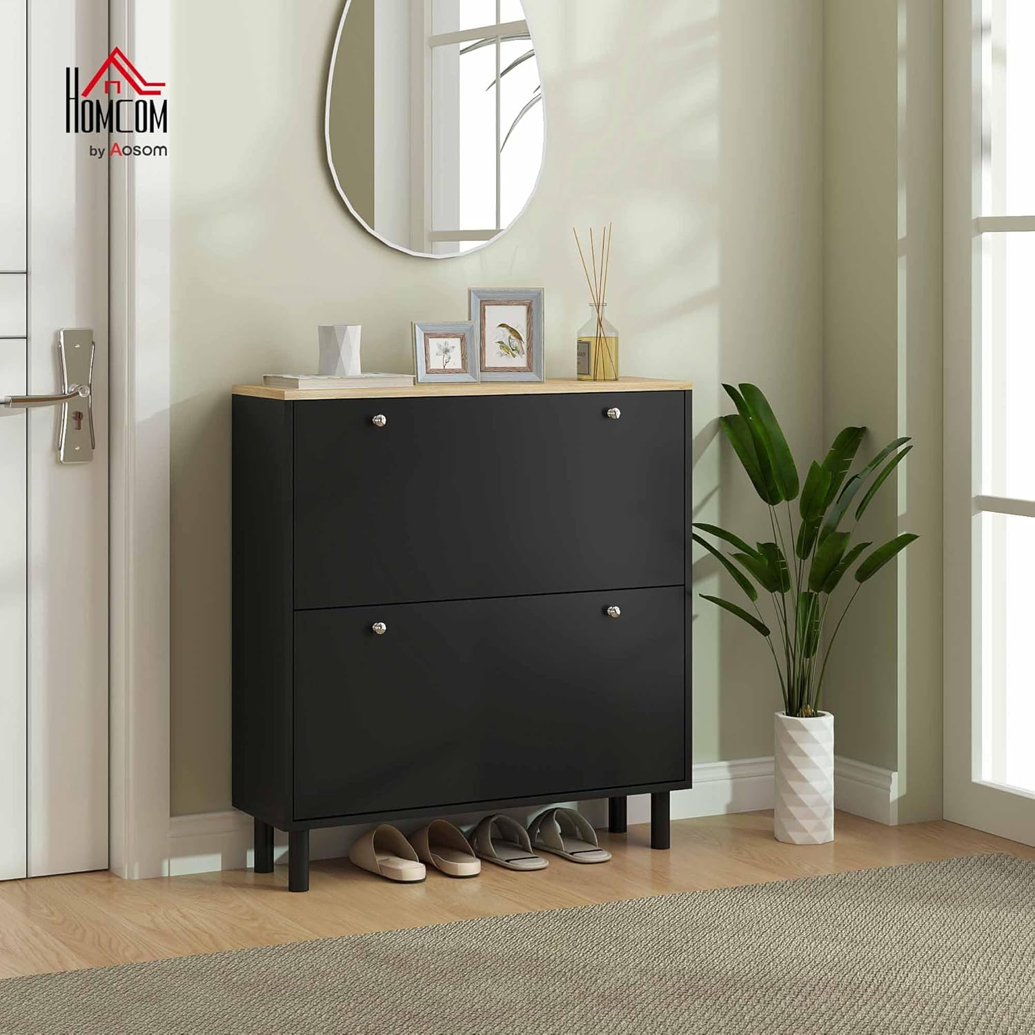 HOMCOM Shoe Cabinet, Narrow Shoe Storage Cabinet with 2 Flip Drawers and Adjustable Shelves for 16 Pairs of Shoes for Entryway, Hallway, Black