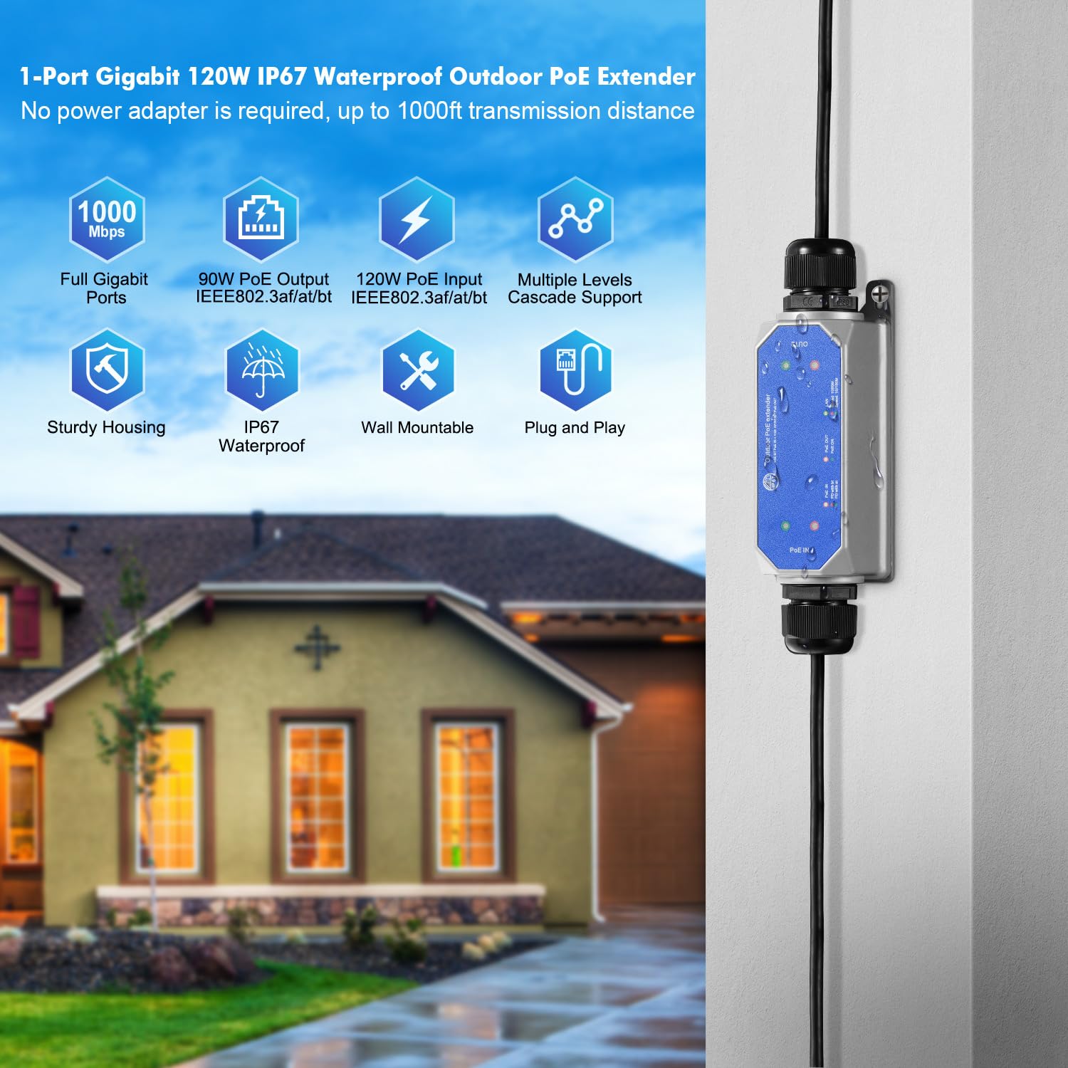 MokerLink IP67 Outdoor 2 Port Gigabit PoE Extender, IEEE 802.3 af/at/bt PoE Repeater 90W, 10/100/1000Mbps, 1 PoE in 1 PoE Out, Wall Mount Metal Waterproof POE Passthrough Switch