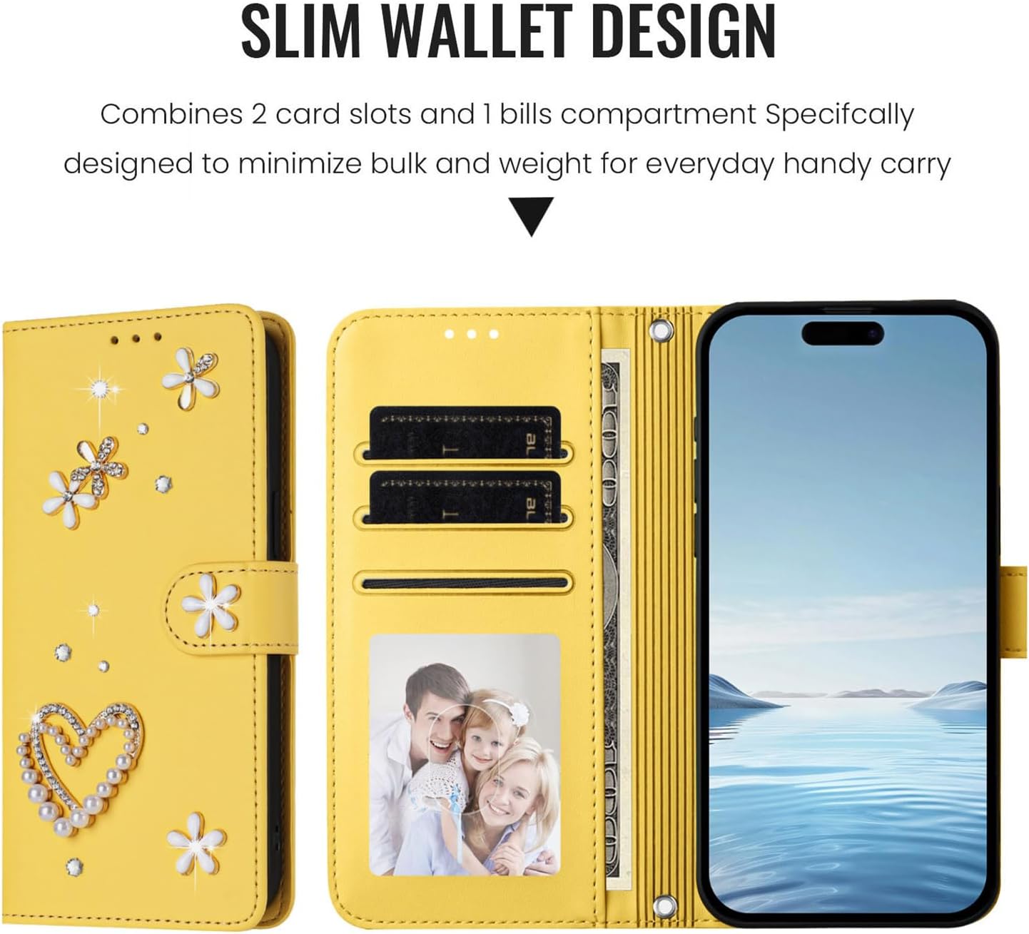 Open IVY Luxury Bling Wallet Case showing two card slots, a cash compartment, and a photo slot with a family picture.