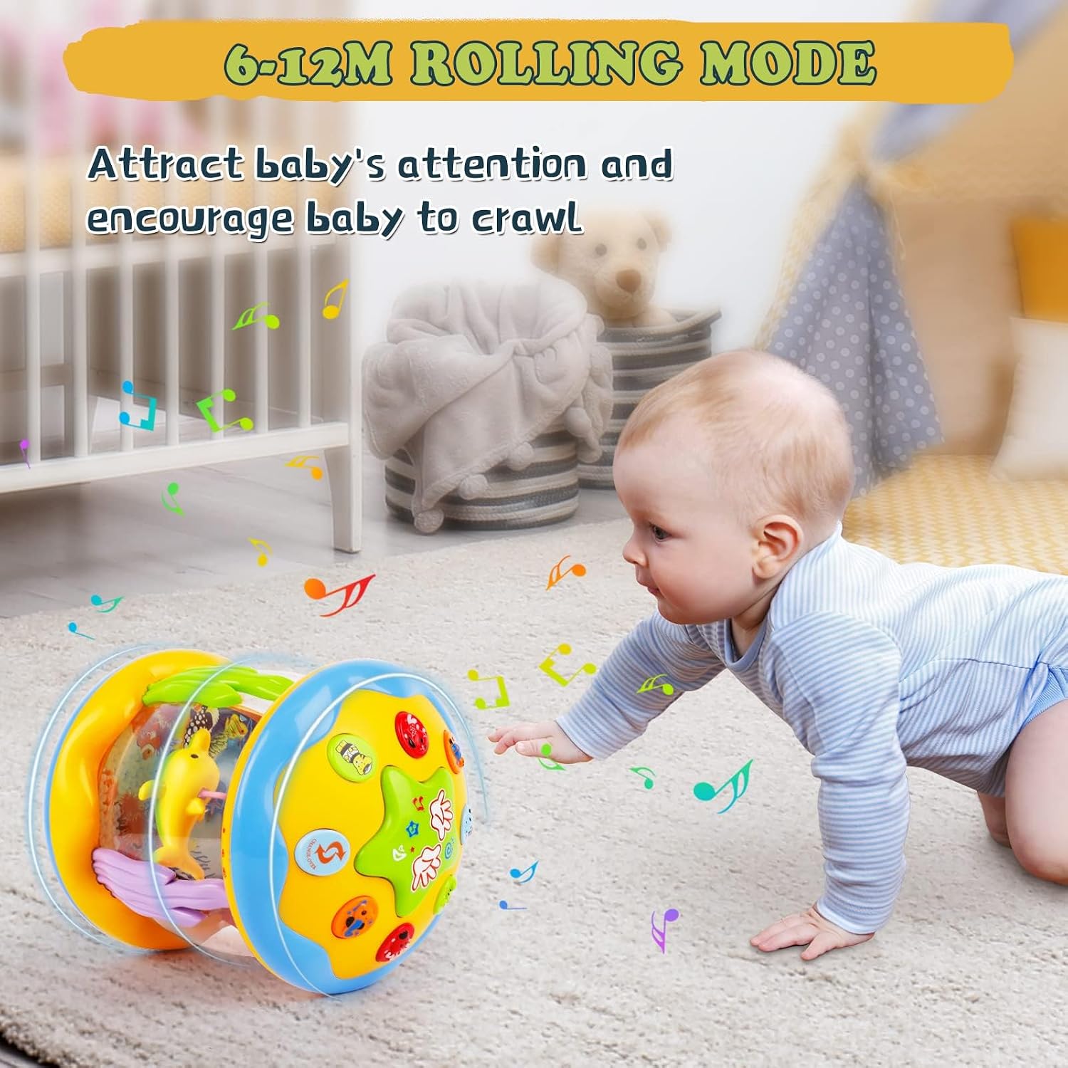 Baby crawling towards the toy in rolling mode, encouraging movement.