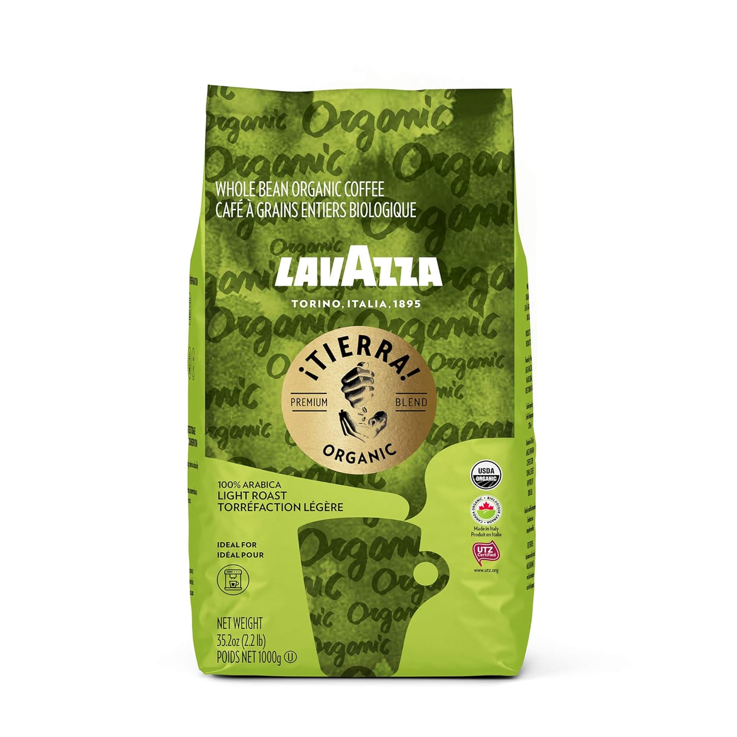 Lavazza ¡Tierra Organic for Planet Whole Bean Coffee, Light Roast, 100% Arabica, 2.2 lb Bag (Pack of 6)