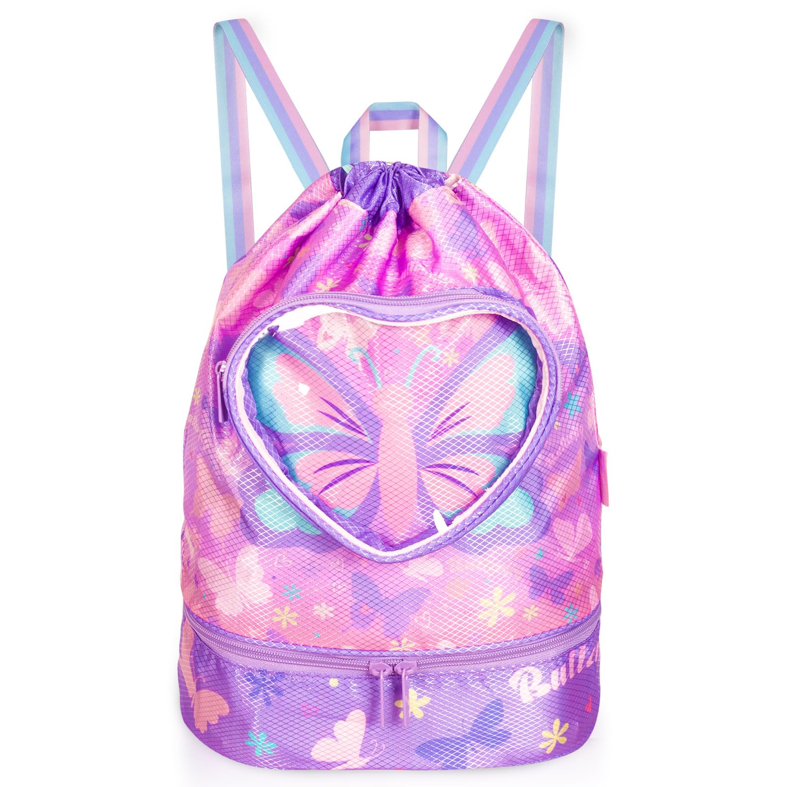 PinkSheep Swimming Bag for Kids, Gym Drawstring Backpack for Girls Boys - Waterproof Beach Bags with Shoes Compartment and Wet Proof Pocket for Swimming Pool Beach Travel School (Butterfly)