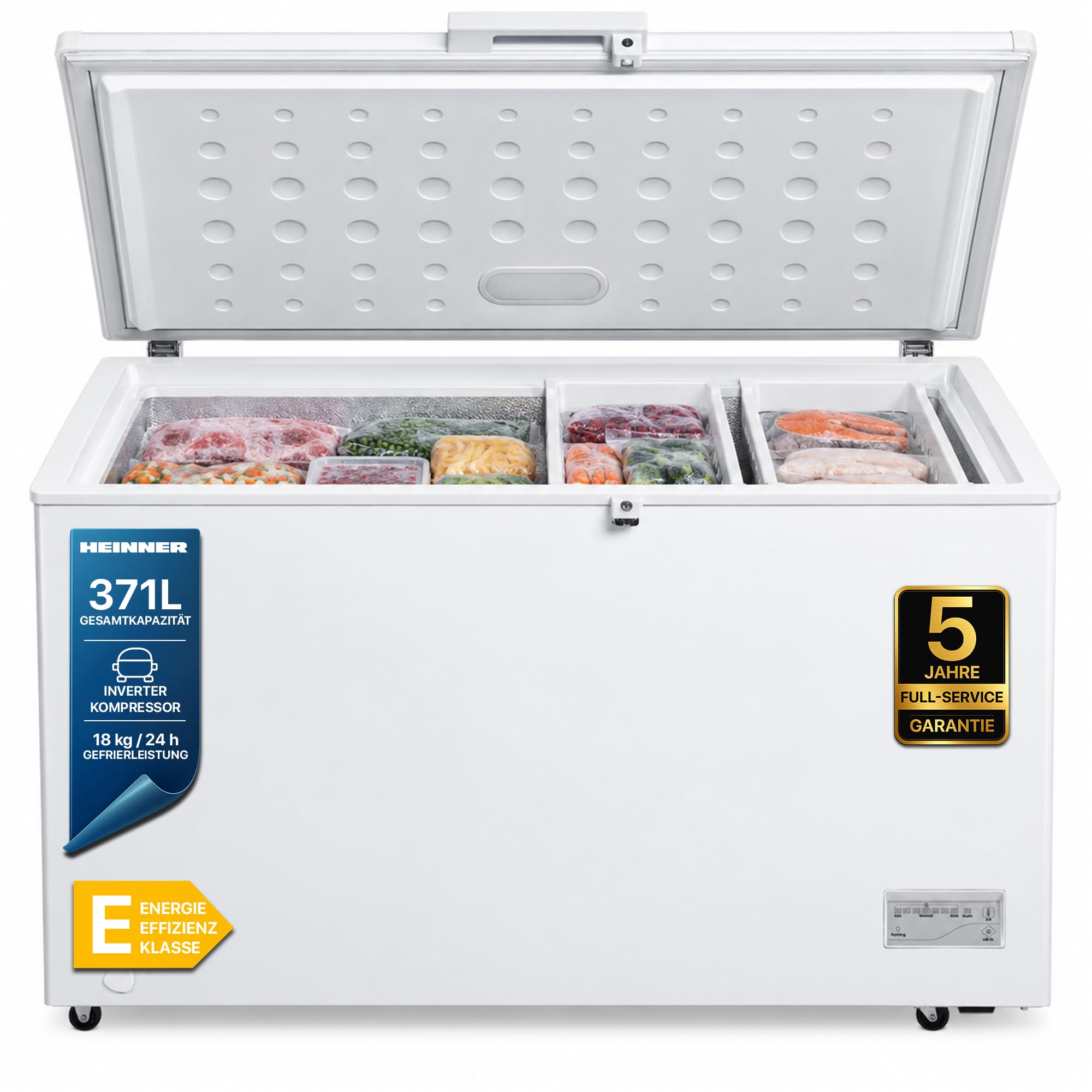HCF‑HM371CE++ – Gefriertruhe 371 L – Energieeffizienzklasse E – Elektronische Steuerung, Schnellgefrierfunktion, LED‑Innenbeleuchtung & Display, Weiß – 5 Jahre Garantie