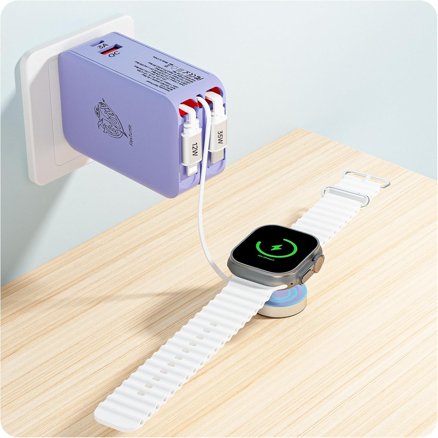 Retractable Apple Watch Charger, 5 in 1 Wall Charger with 3 Retractable Cables for Older iPhones & USB-C Devices, 35W Foldable Charger Block for iPhone 17/16/15/14, iPad, AirPods (Purple)