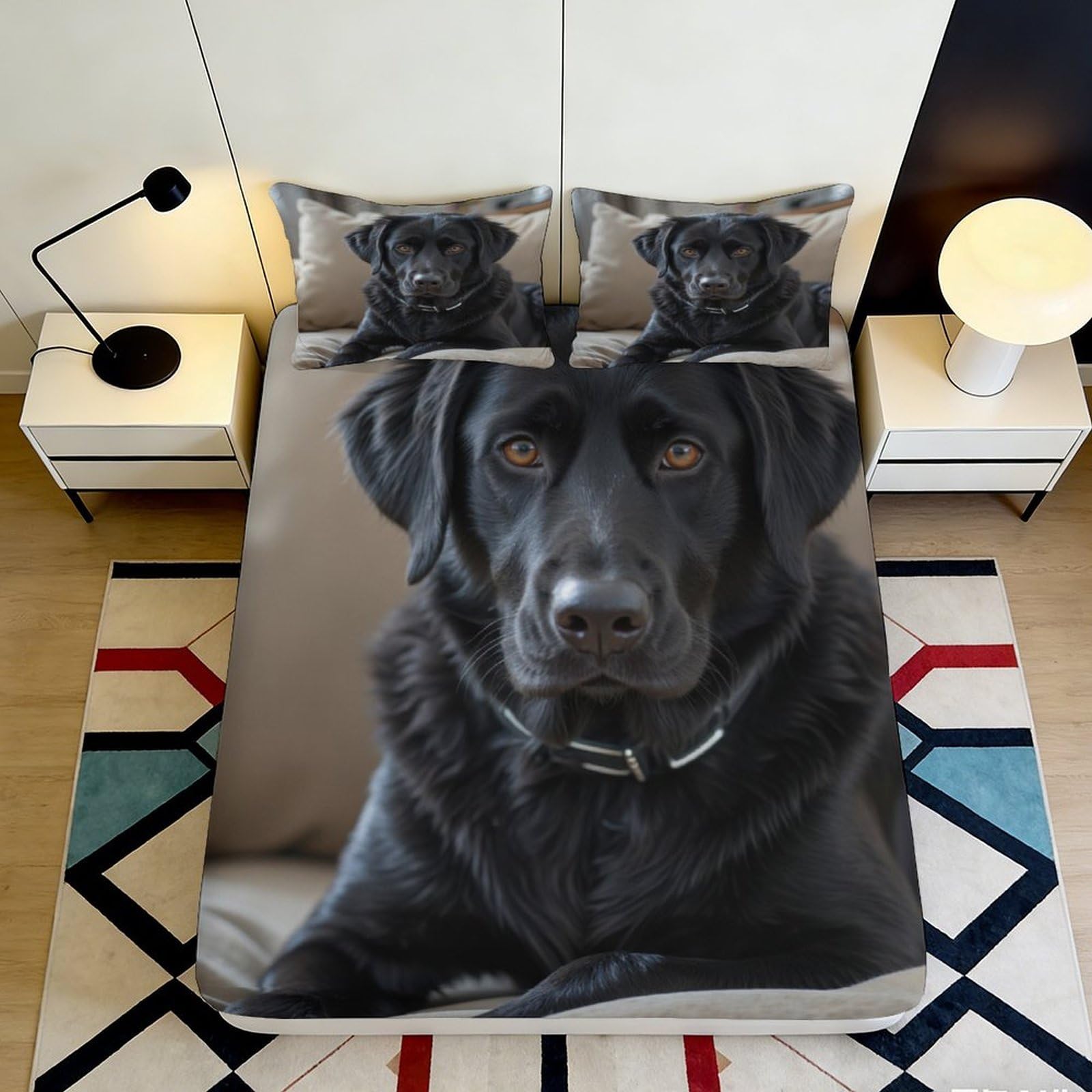 3D Printed Black Labrador Fitted Sheet Microfiber Soft Non Slip Dog Portrait Bed Cover for Bedroom Guest Room 90x200x25cm