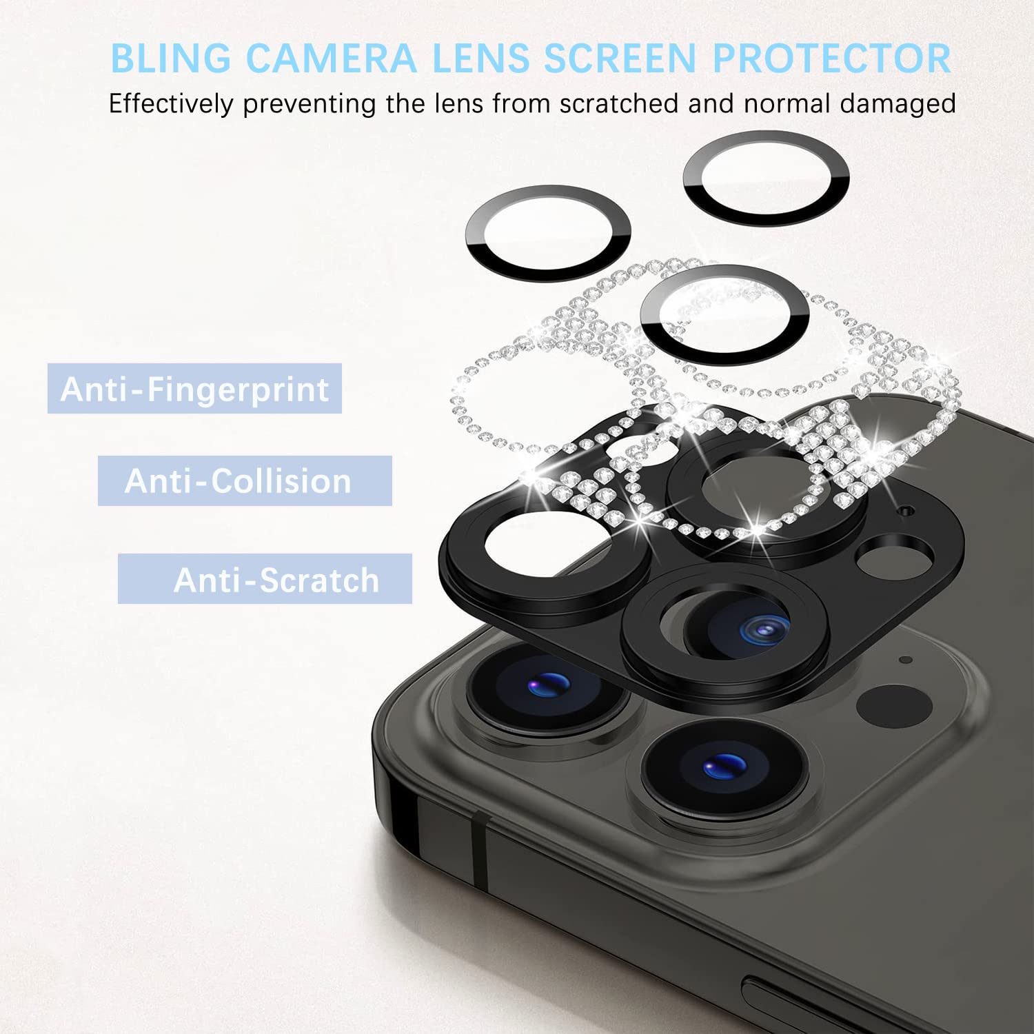 AiMok Bling Pellicola Fotocamera Compatibile con iPhone 14 Pro/14 PRO Max, HD Vetro Temperato Alluminio Rim Protezione Lente Pellicola Anti Graffio Custodia per iPhone 14 Pro/14 PRO Max - Nero