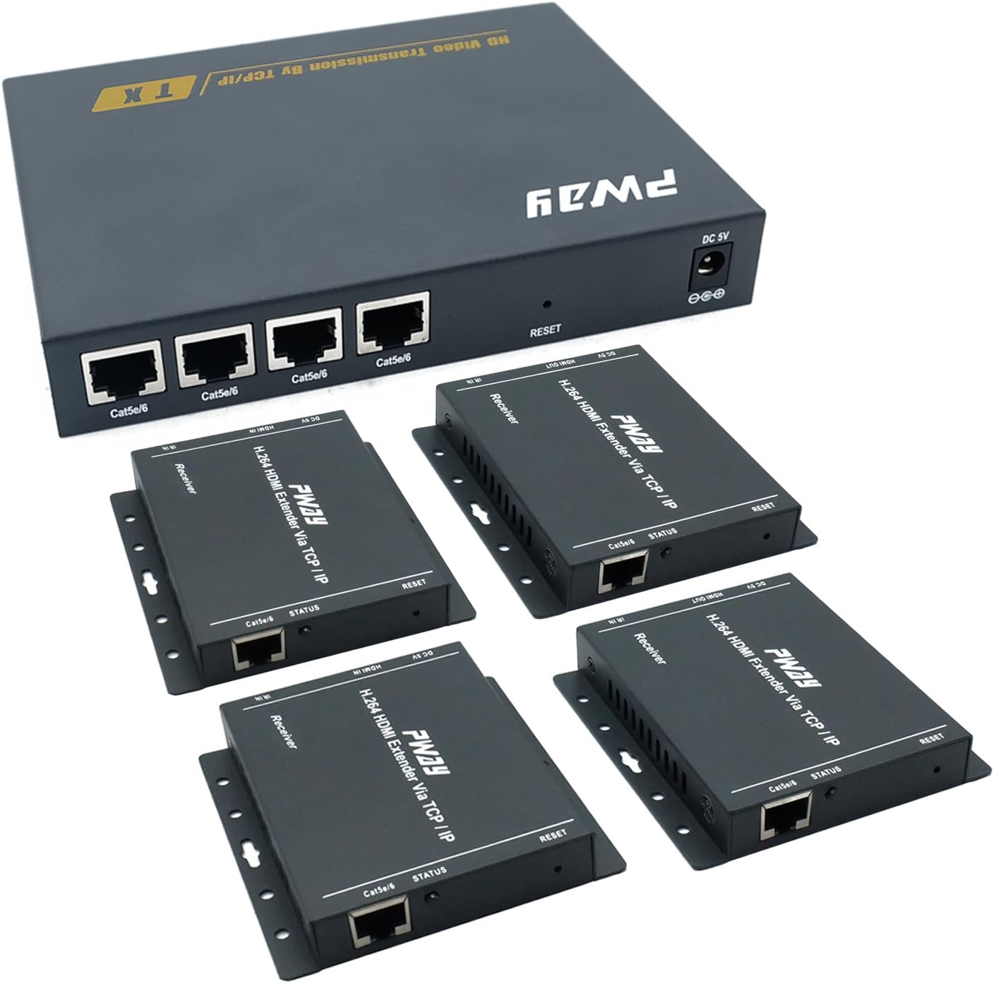 PW-DT2104IR 1080p 1x4 4port HDMI Extender Splitter Up to 492Ft/150m Over CAT5e/CAT6/CAT7 with HDMI Loopout & IR Remote Control (1 in 4 Out)