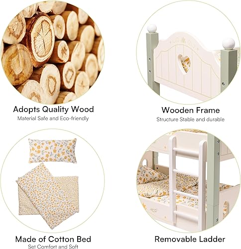 Miniatura 3 de ROBOTIME Baby Doll Bunk Bed, Wooden Doll Crib for 18 Inch Dolls, American Girl Doll Furniture Toy with Bedding (Green, 2 Pcs Beds)