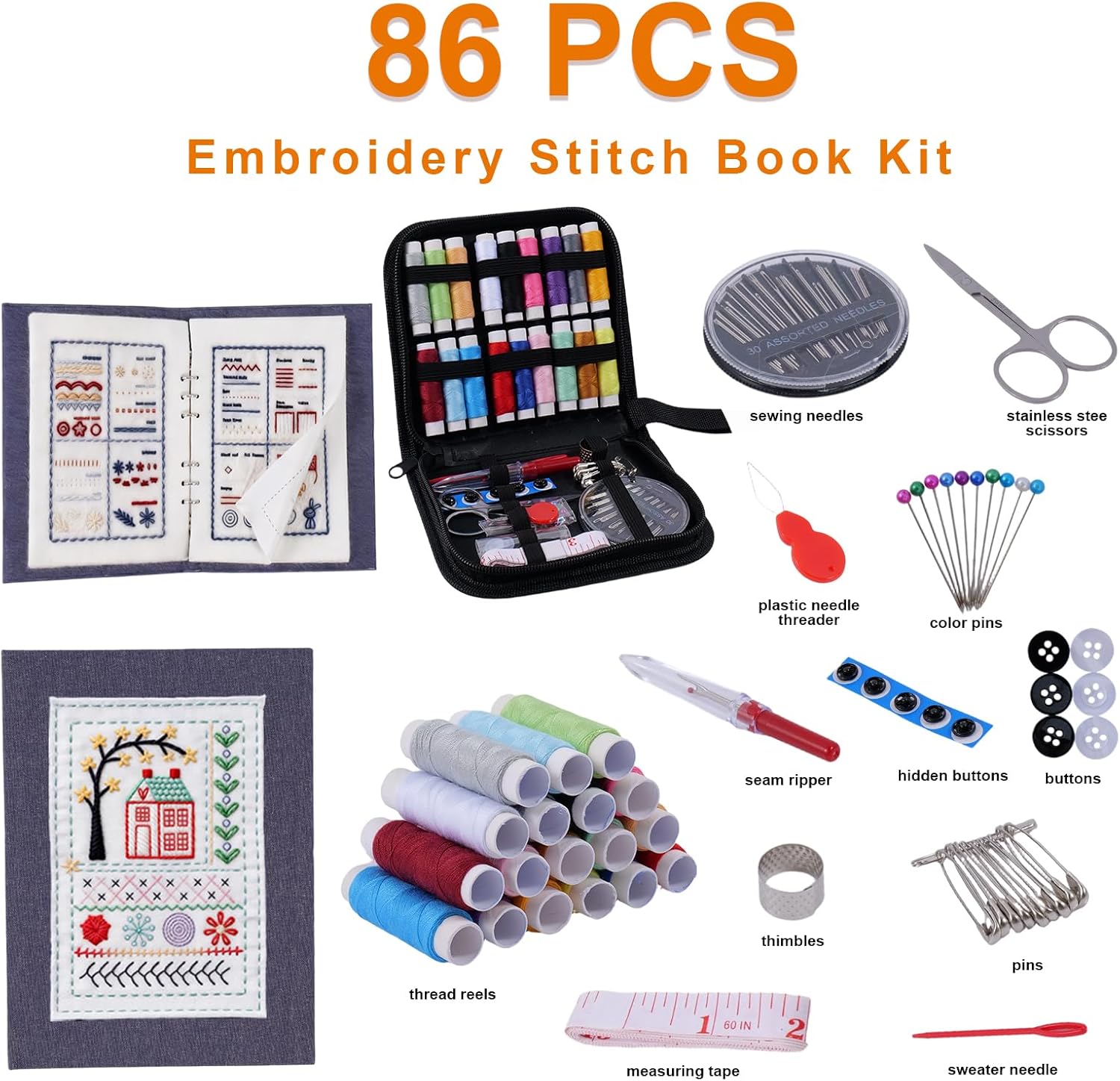 Udihch Embroidery Stitch Book Kit for Beginners, Embroidery Kit Set with 6-Inch Hoops, Portable Sewing Kit (86 Pcs), Includes Embroidery Thread and Needle Accessories, The Stitch Book, 2026 New DIY