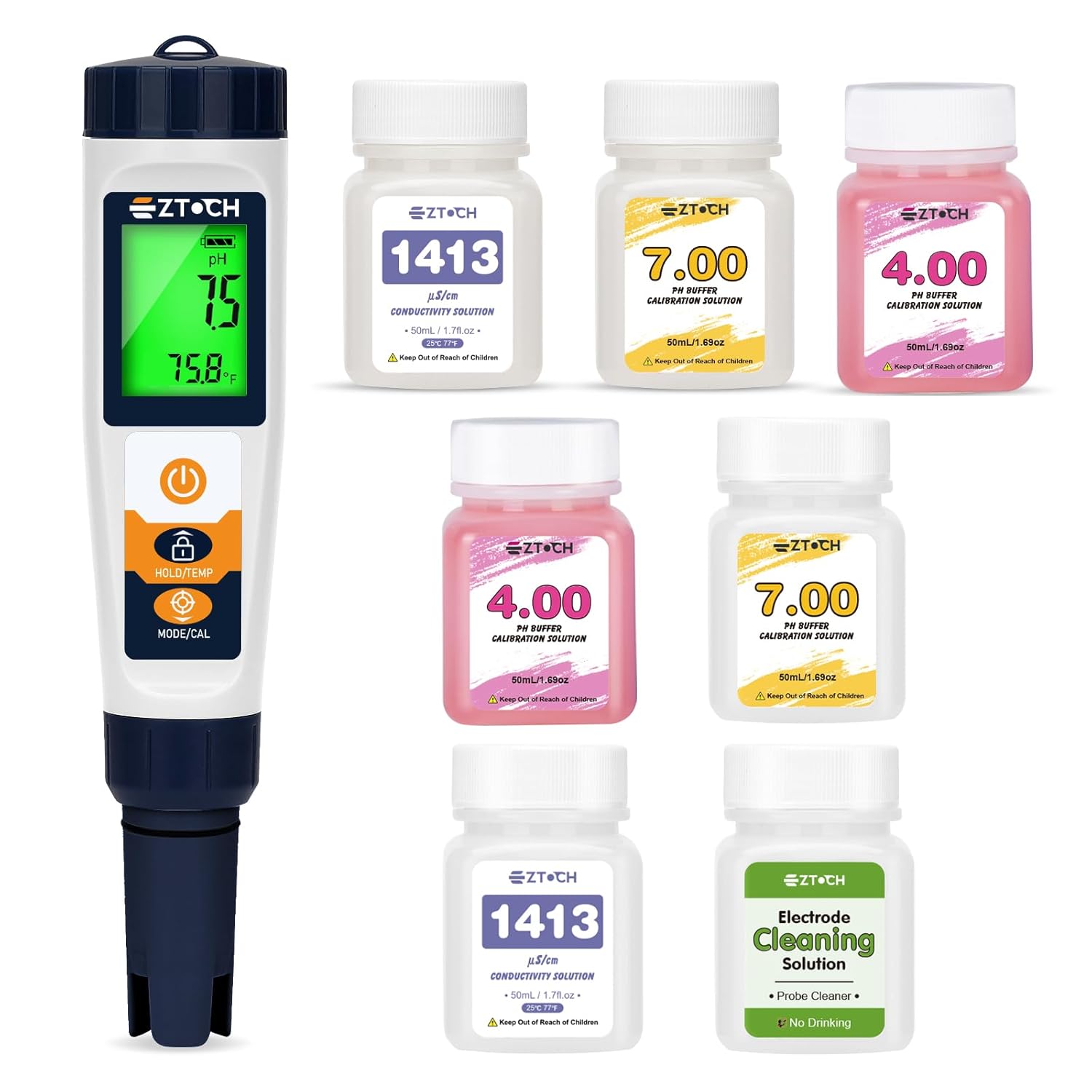 6 in 1 pH H2 Meter with pH EC Calibration Solution, with Extra Electrode Cleaning Solution for Drinking Water, Hydroponic, Aquarium, Well Water