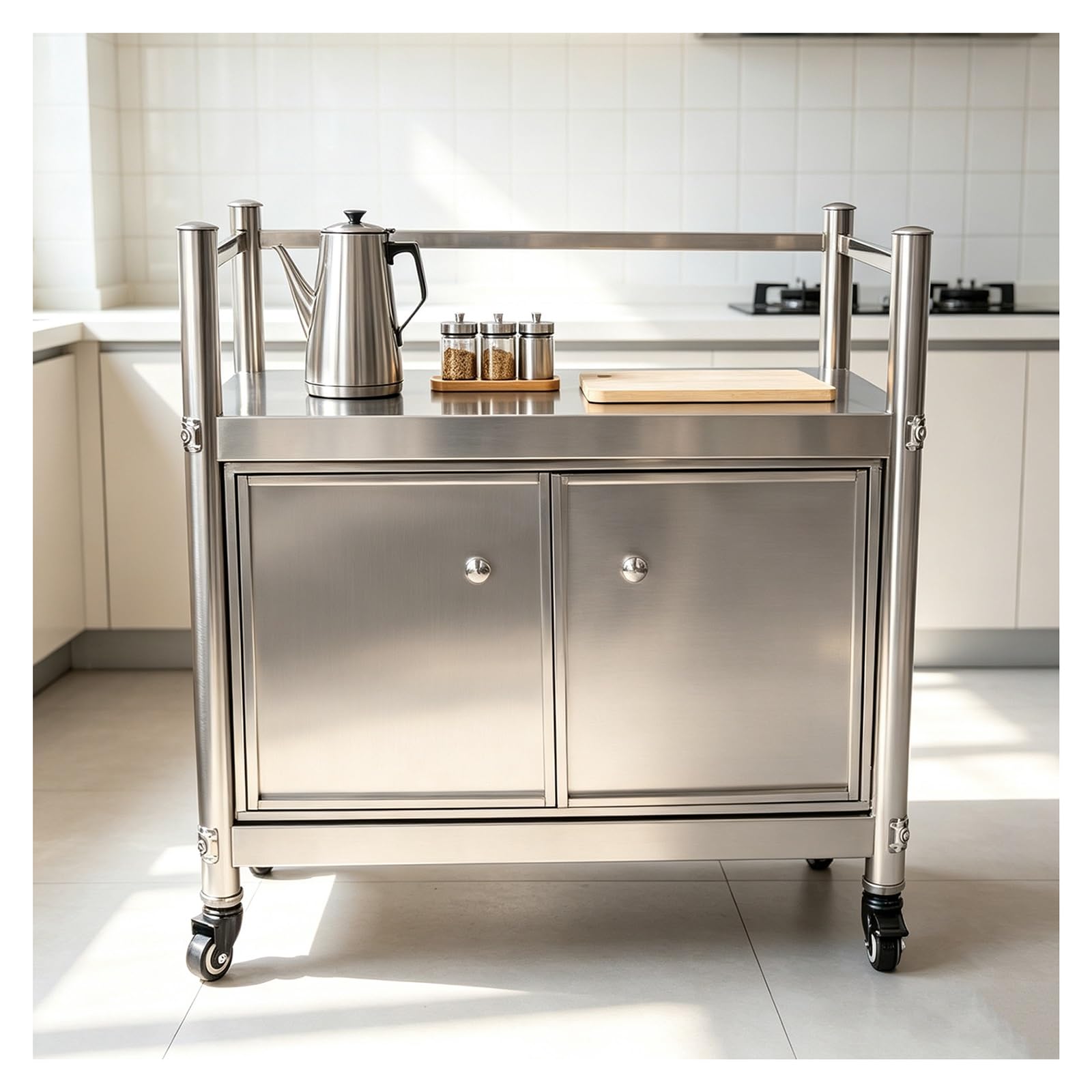 Tavolo da Lavoro in Acciaio Inossidabile Tavolo da Cucina Professionale | Con ante Armadio Guide di Sicurezza Bordi Arrotondati Struttura Avvitata Ampio Spazio di Archiviazione Piano di Lavoro