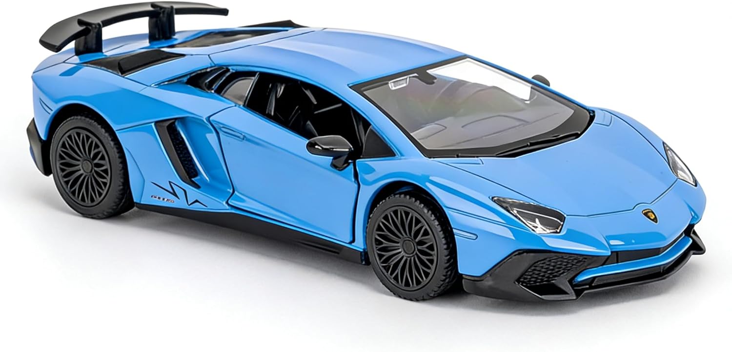 1/36 Scale Lamborghini Aventador LP700-4 Diecast Model Car, Zinc Alloy Pull Back Toy with Lights Sounds Open Doors for Kids Boys Girls (Blue)