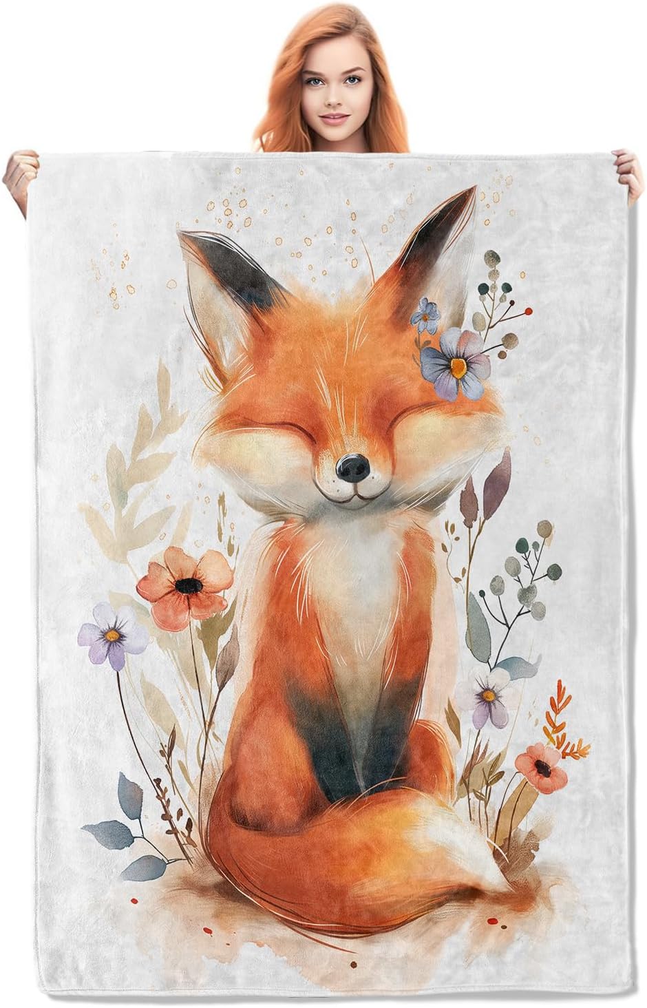 Cute Fox Blanket Gifts for Women Girls Soft Warm Lightweight Cozy Animal Floral Throw Blankets for Bed Sofa Couch Living Room Decor 50x60in