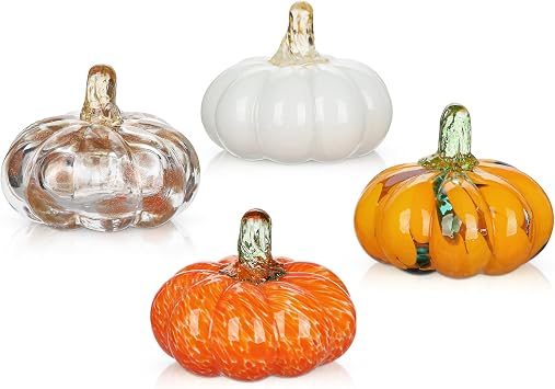 Glass Pumpkin Fall Decor Set 4 PCS Handblown Pumpkins for Autumn Decorations, Halloween, Thanksgiving, Harvest Table Centerpiece, Mantel Fall Accents