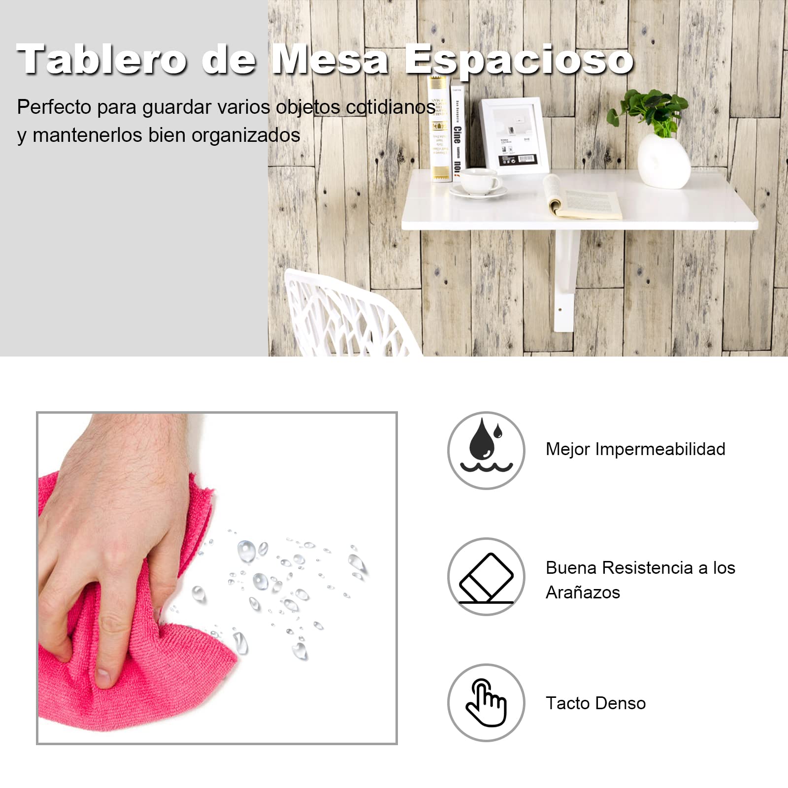 COSTWAY Mesa Plegable Pared de 80 cm x 60 cm, Escritorio Flotante para Espacios Pequeños, Estación de Trabajo Plegable para Cocina, Dormitorio, Lavadero, Estudio (Blanco)