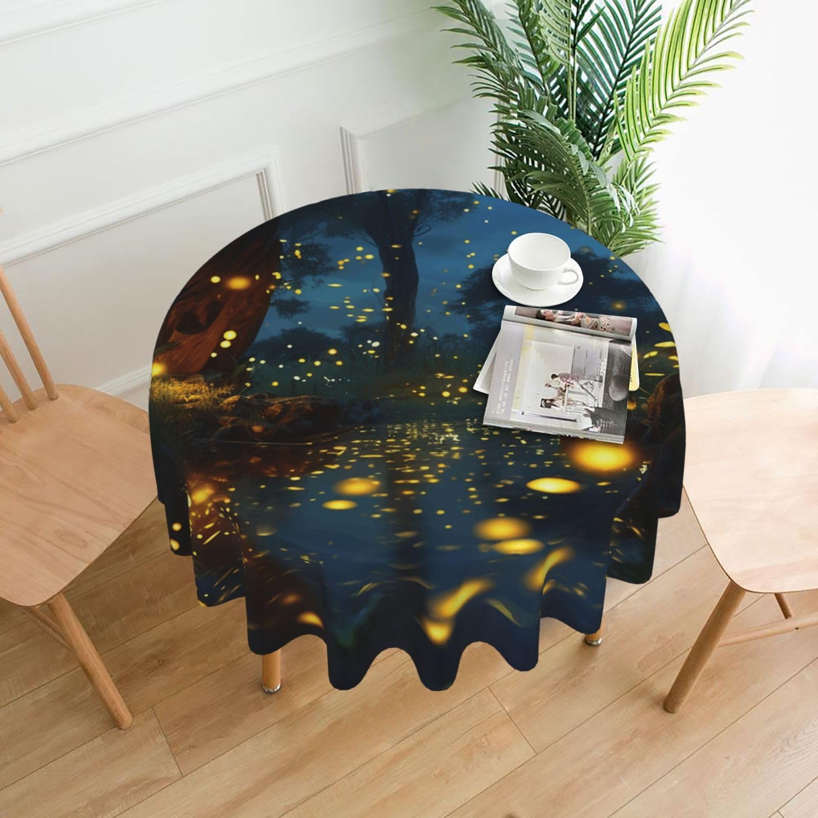 FodPand Fireflies Tablecloths for Round Tables 60 Inch - Reusable Washable Dining Table Clothes - Stain and Wrinkle Resistant Decorative Fabric Table Cover for Wedding Party