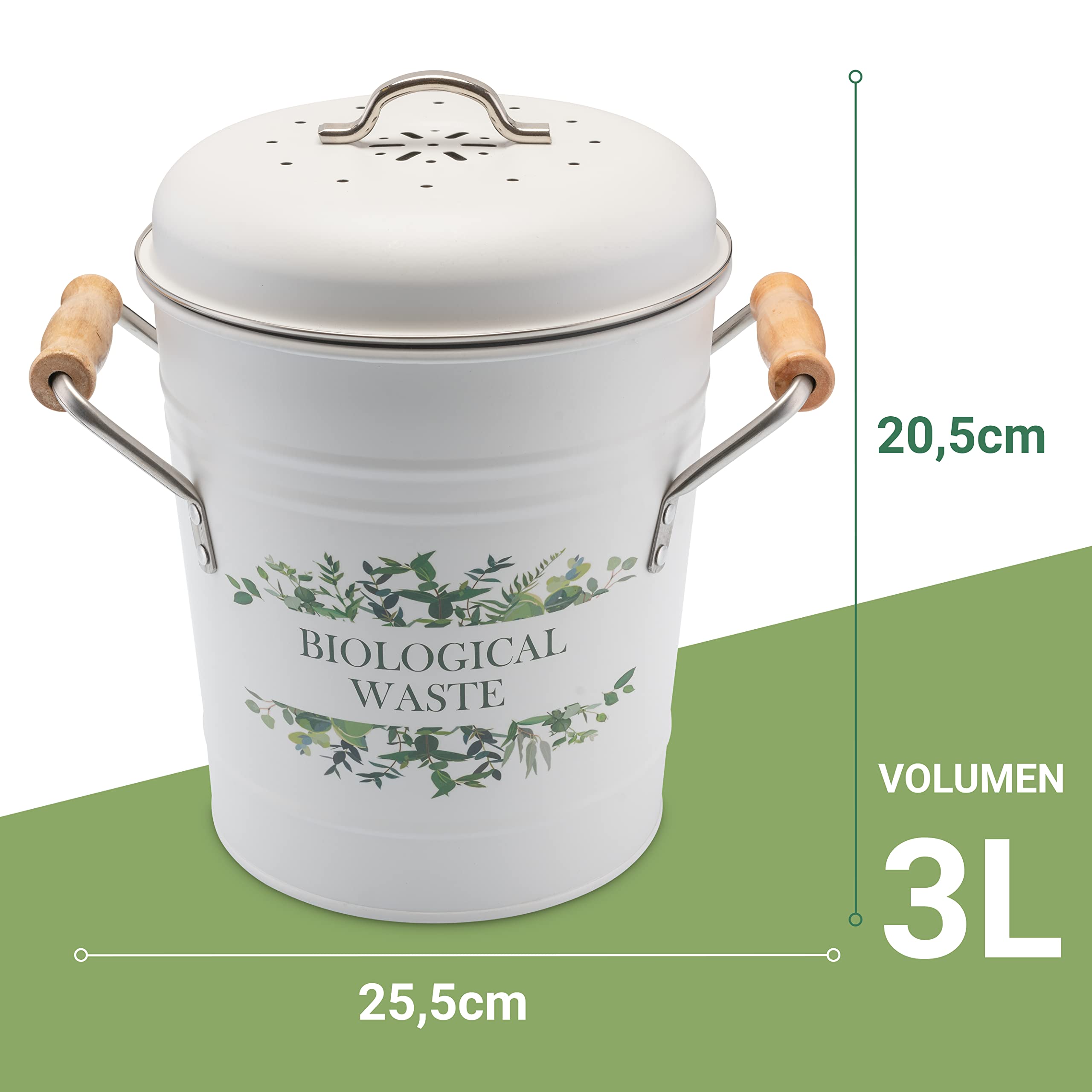 Tante SOE - Biomülleimer für die Küche mit Aktivkohlefilter (3 Liter, klein) Bio Mülleimer mit Deckel zur Geruchsneutralisierung - Metall Behälter/Eimer für Biomüll - Abfalleimer/Komposteimer in Weiß
