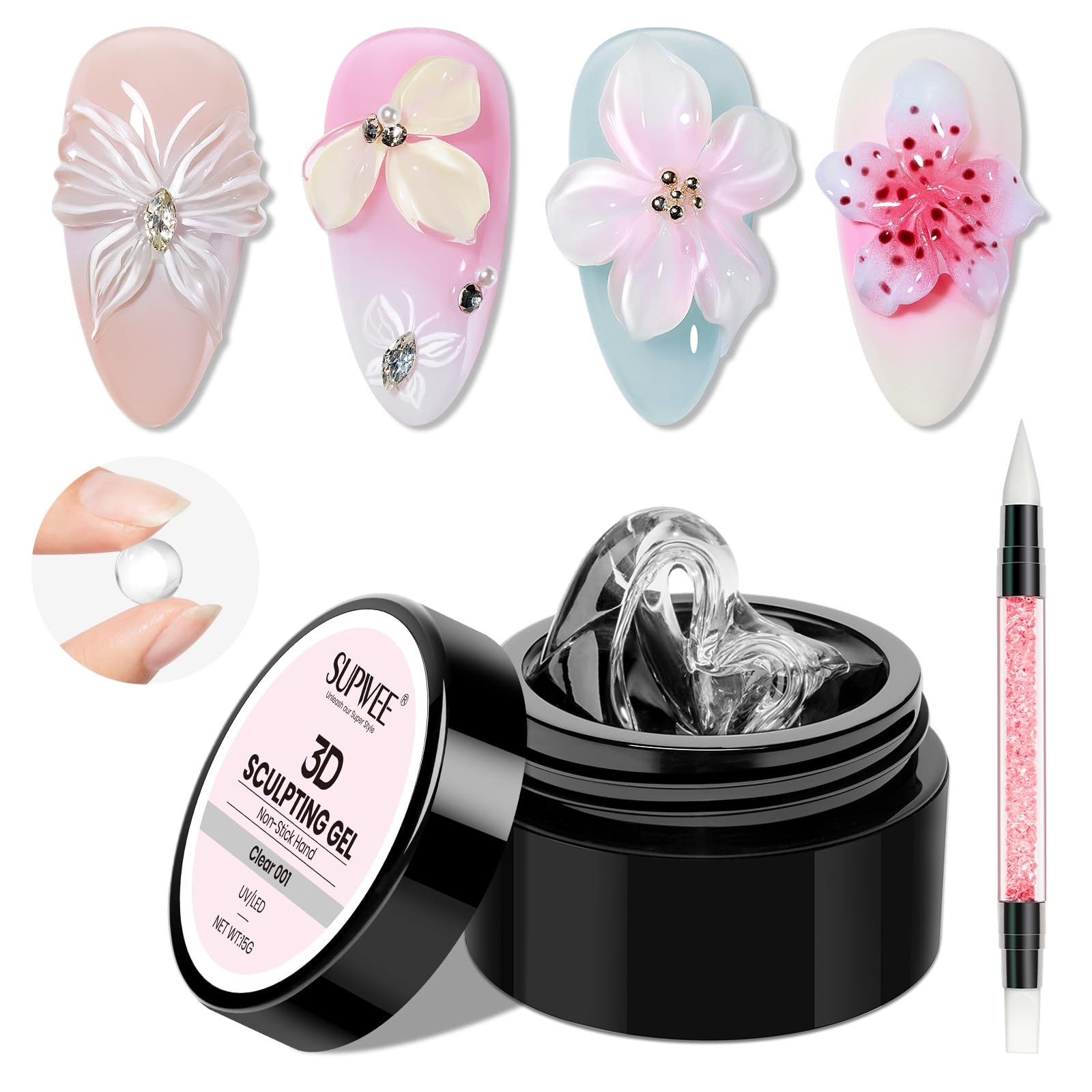SUPWEE 3D Sculpting Gel for Nails Art Clear Solid Hard Gel Non-Sticky Hand for Carving Building Extension with Nail Art Pen Salon Home DIY 15g(0.53oz)